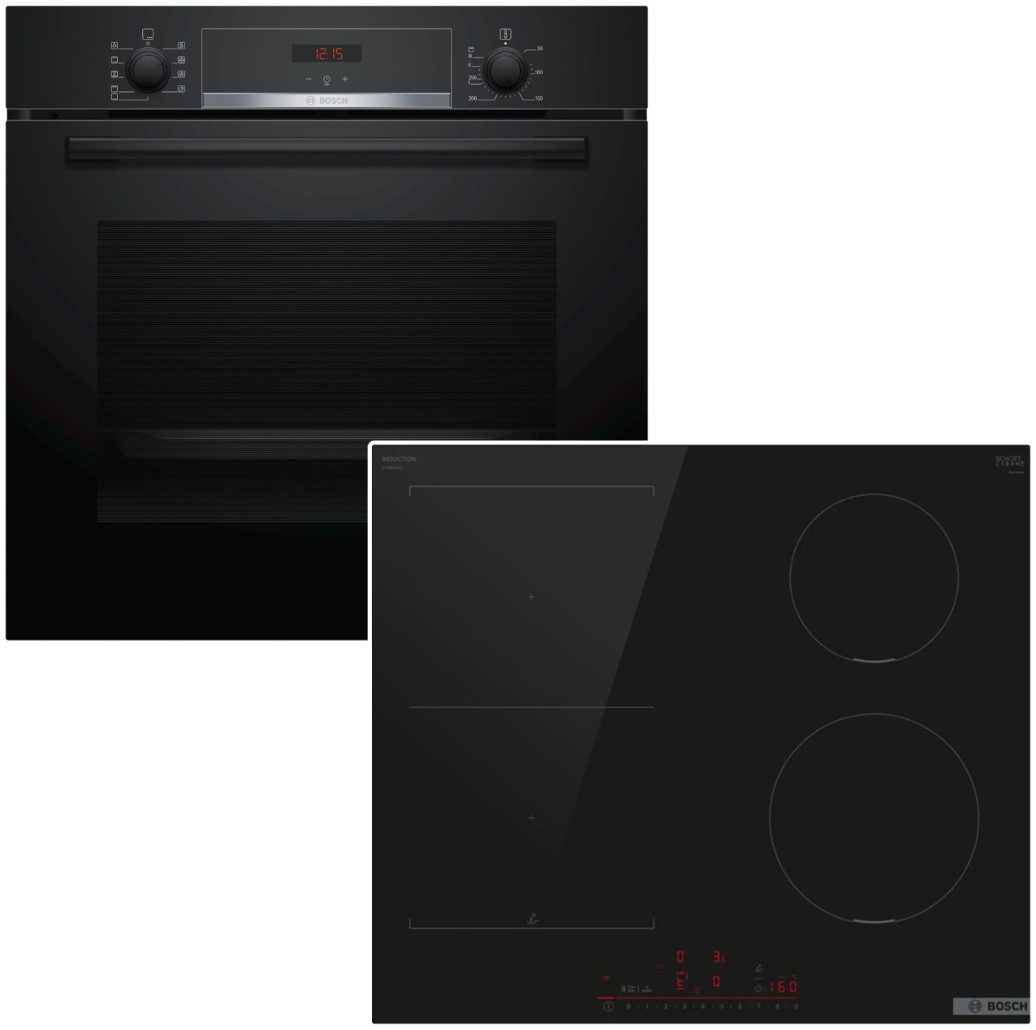 BOSCH Backofen-Set Schwarz Hydrolyse Teleskopauszug + Induktionskochfeld HomeConnect, mit 1-fach Teilauszug