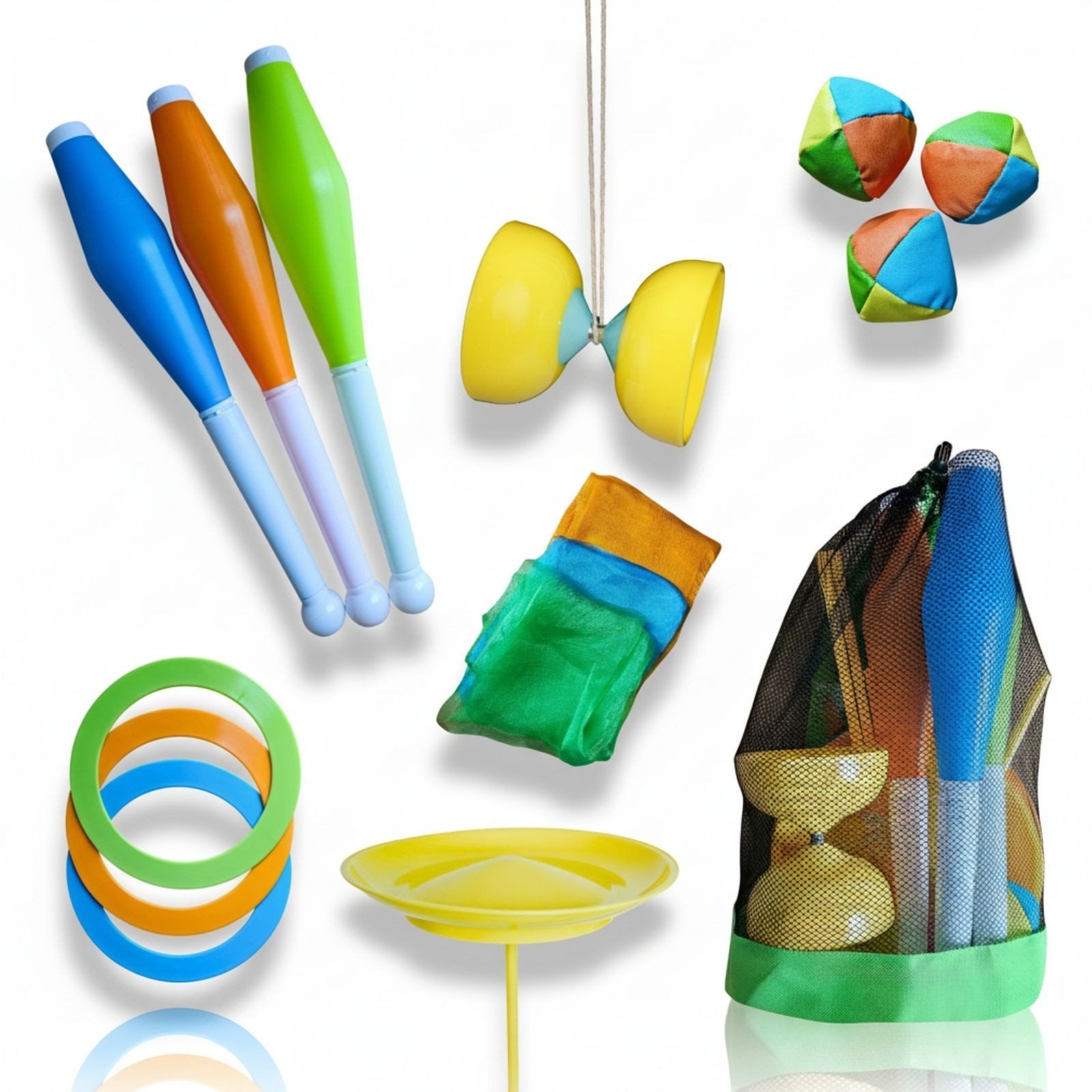 alldoro Spiel Jonglier-Set für Kinder & Anfänger, 16 Teile im Rucksack, Jonglierbälle, Diabolo, Tücher, Ringe, Keulen und Jonglierteller