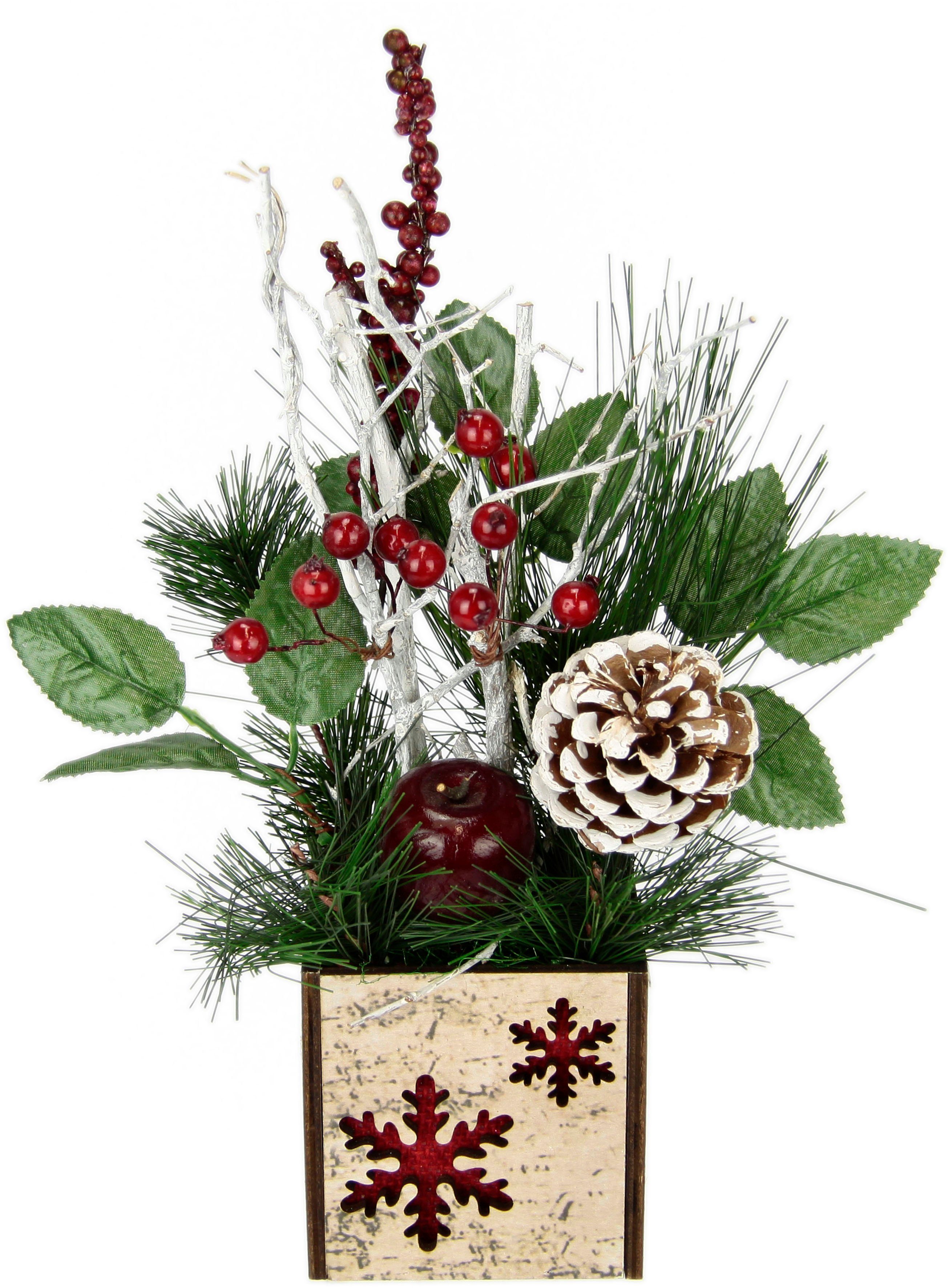 Winterliche Kunstpflanze Weihnachtsgesteck mit Apfel im Topf, winterliches  Arrangement, Tanne, I.GE.A., Höhe 26 cm, Kunstblumen-Gesteck mit Zapfen,  Beeren und Dekozweigen, Weihnachtsdeko