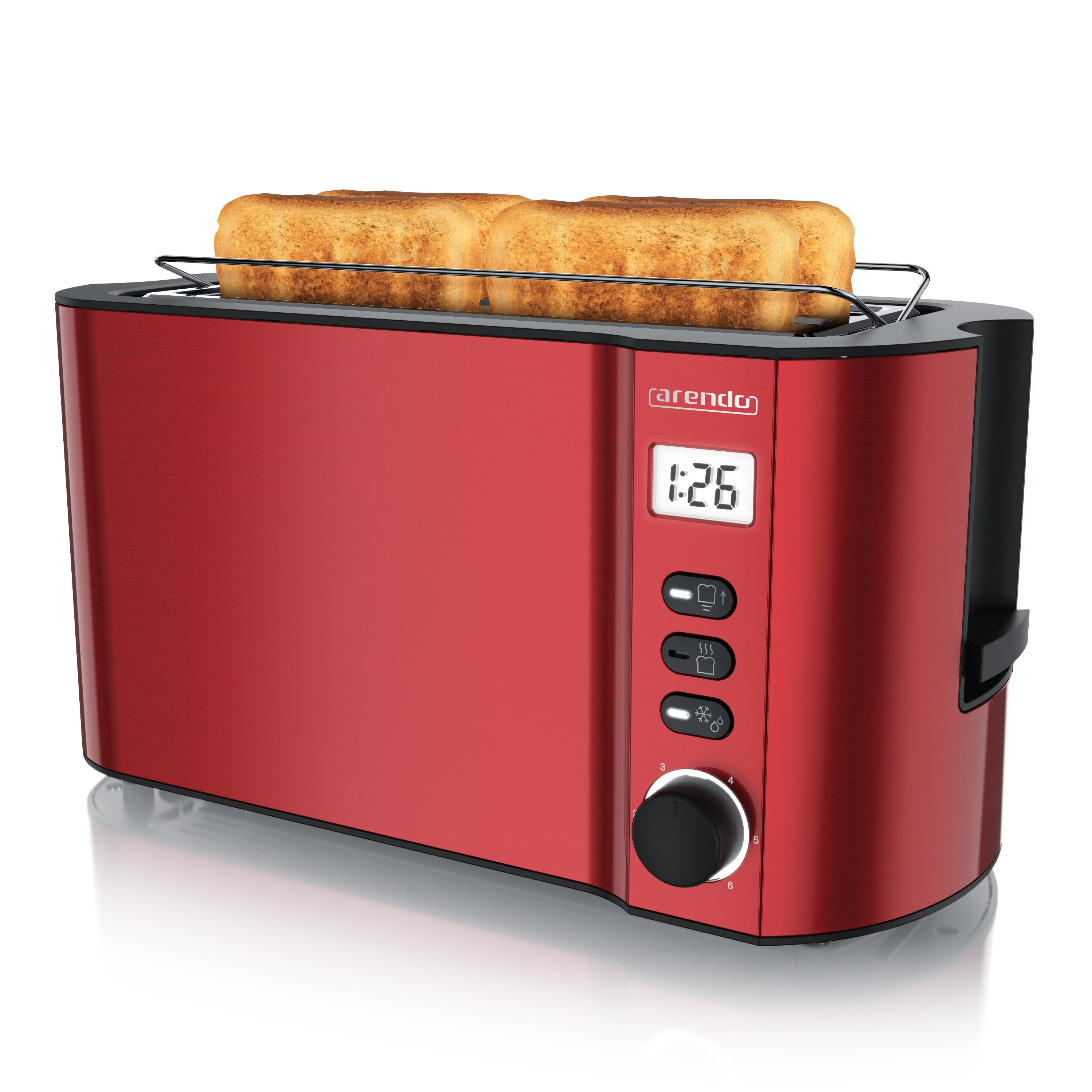 Arendo Toaster Edelstahl, Langschlitz, Display mit Restzeitanzeige, Krümelschublade, 2 lange Schlitze, für 4 Scheiben, 1500 W, Defrost Funktion, Wärmeisolierendes Gehäuse, mit Brötchenaufsatz