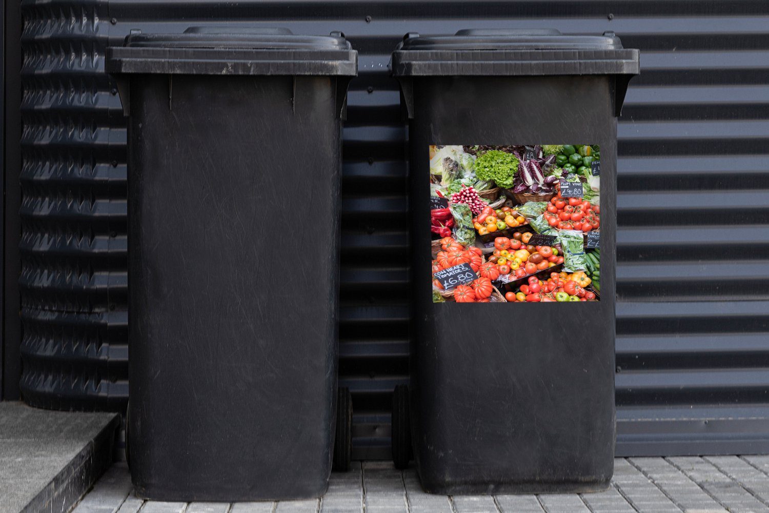 Markt Sticker, MuchoWow Wandsticker Container, Gemüse Obstkisten Mülltonne, - - St), Abfalbehälter (1 Mülleimer-aufkleber,