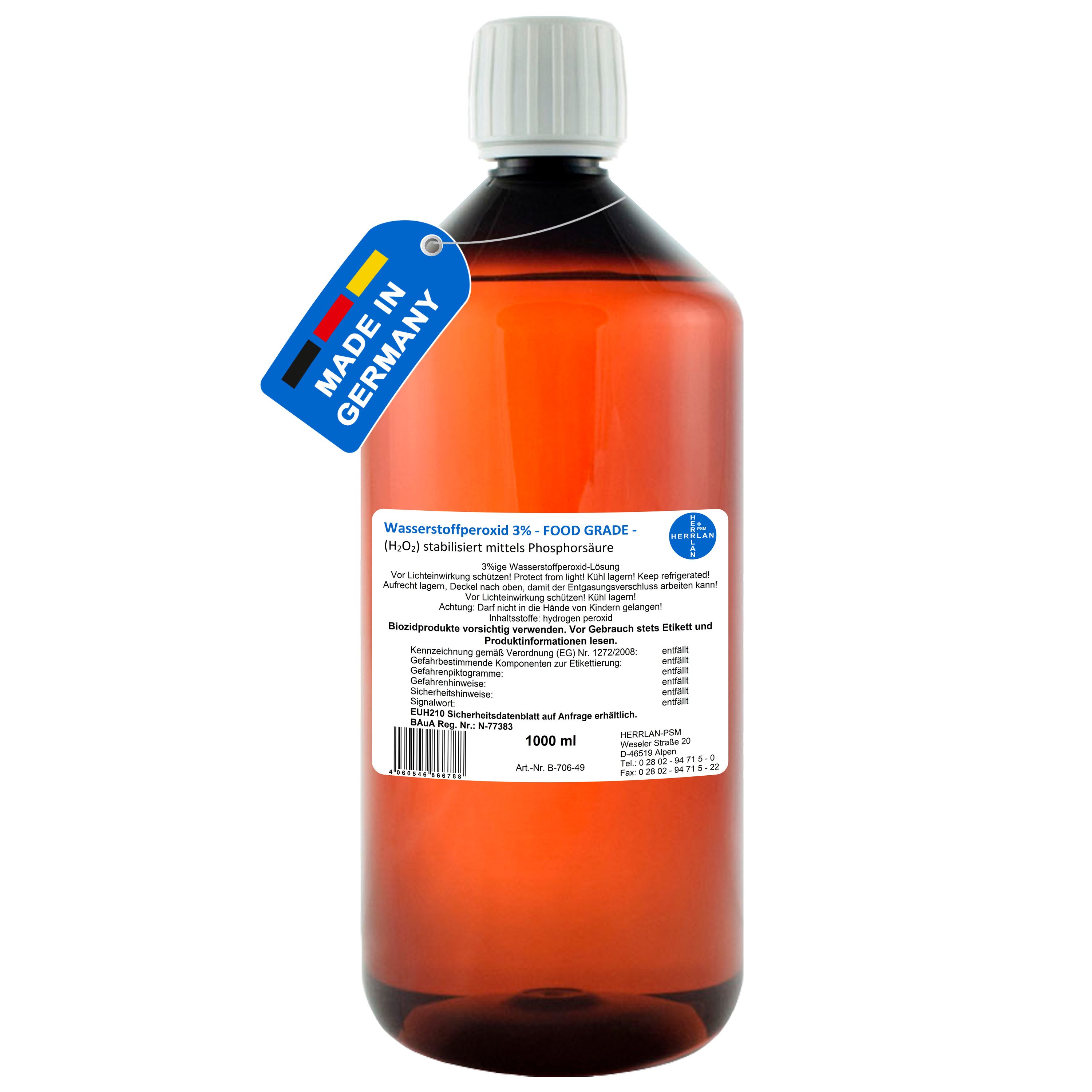 HERRLAN Wasserstoffperoxid 3% FOOD GRADE I HERRLAN-Qualität Bleichmittel (1 Liter)