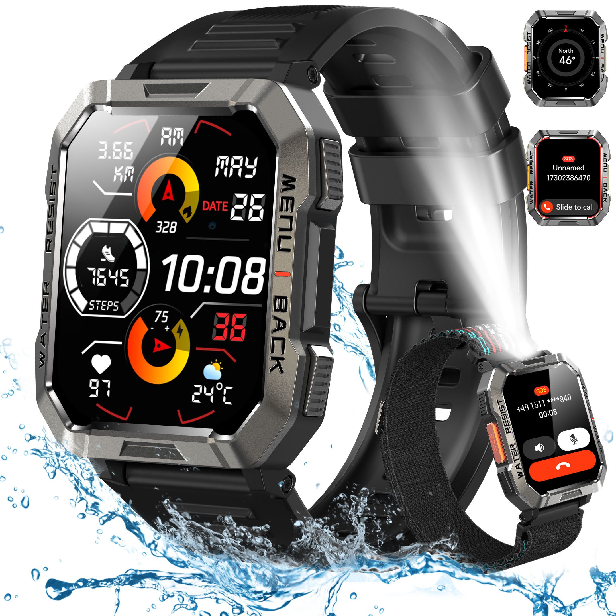 blackview 2026 900-mAh-Akku,Smartwatch Herren Militärqualität,100 Tage Standby Smartwatch (2.01 Zoll, iOS&Android) Packung, 2-tlg., 2 Armbänder / 3 Armbänder und Ladekabel, 2,01", LED Taschenlampe/Kompass/SOS,Schrittzähler, für Android und iOS
