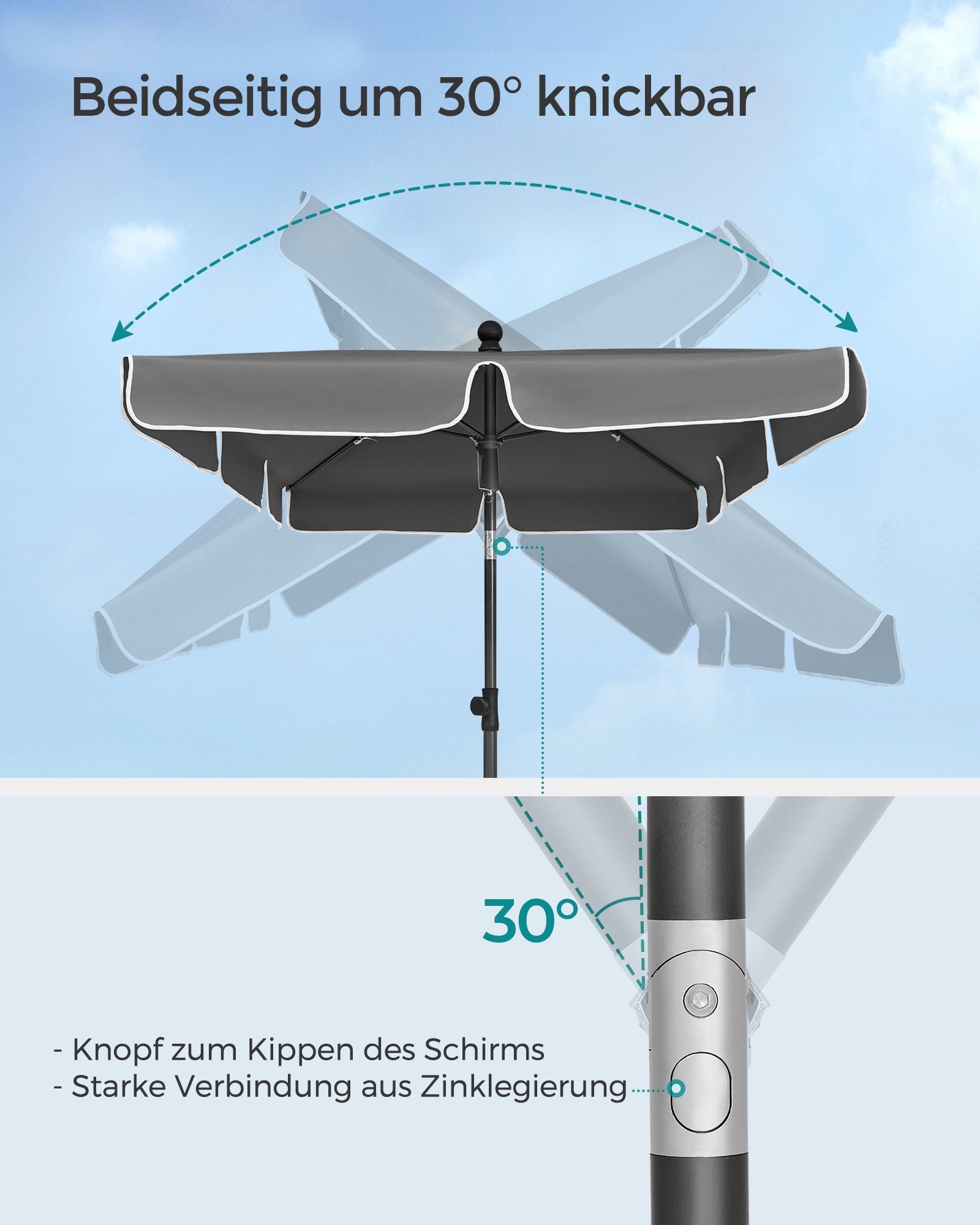 SONGMICS Sonnenschirm, LxB: 200,00x125,00 cm, Balkonschirm, UPF 50+, Aufbewahrungstasche, ohne Ständer
