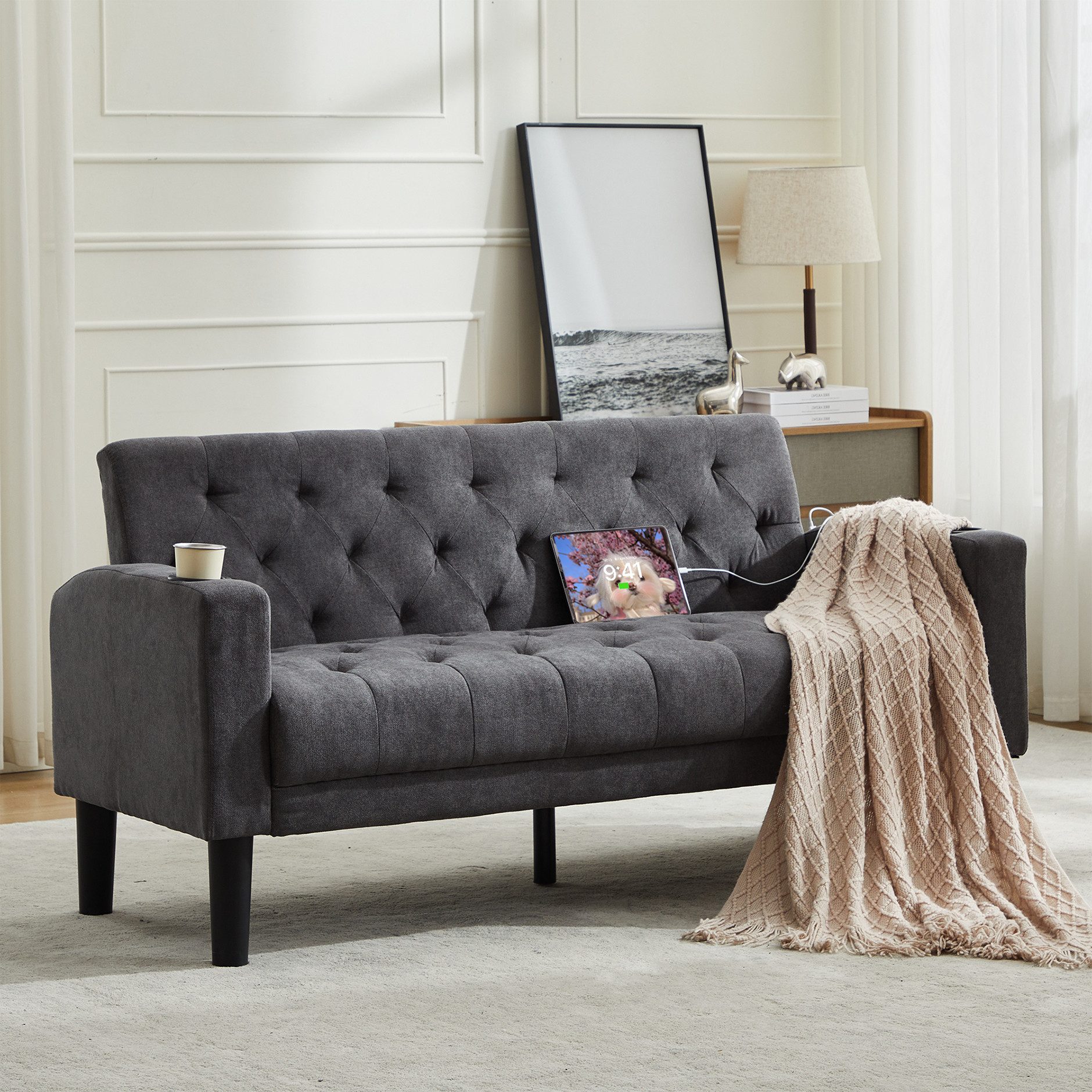 GRAVFORCE Sofa mit Ladeports und Becherhaltern 151cm Blau Samt, 1 Teile, für Wohnzimmer und Büro