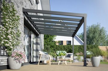 Rexin Terrassendach REXOpremium – hochwertiges Aluminium Terrassendach 4m x 3m, BxT: 406x300 cm, Bedachung VSG-Glas klar oder VSG-Glas grau, mit 4mm starken Profilen, Terrassenüberdachung, Vordach