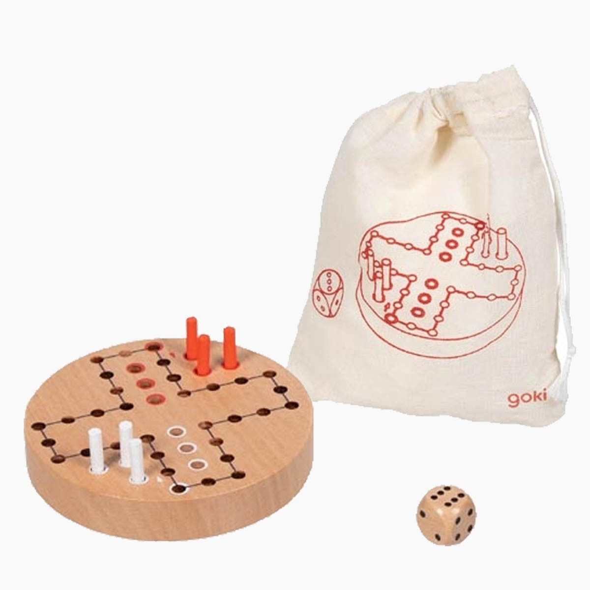 goki Spielesammlung Ludo im Baumwollbeutel, würfelspiel, Schnelles Spielprinzip ideal für Camping