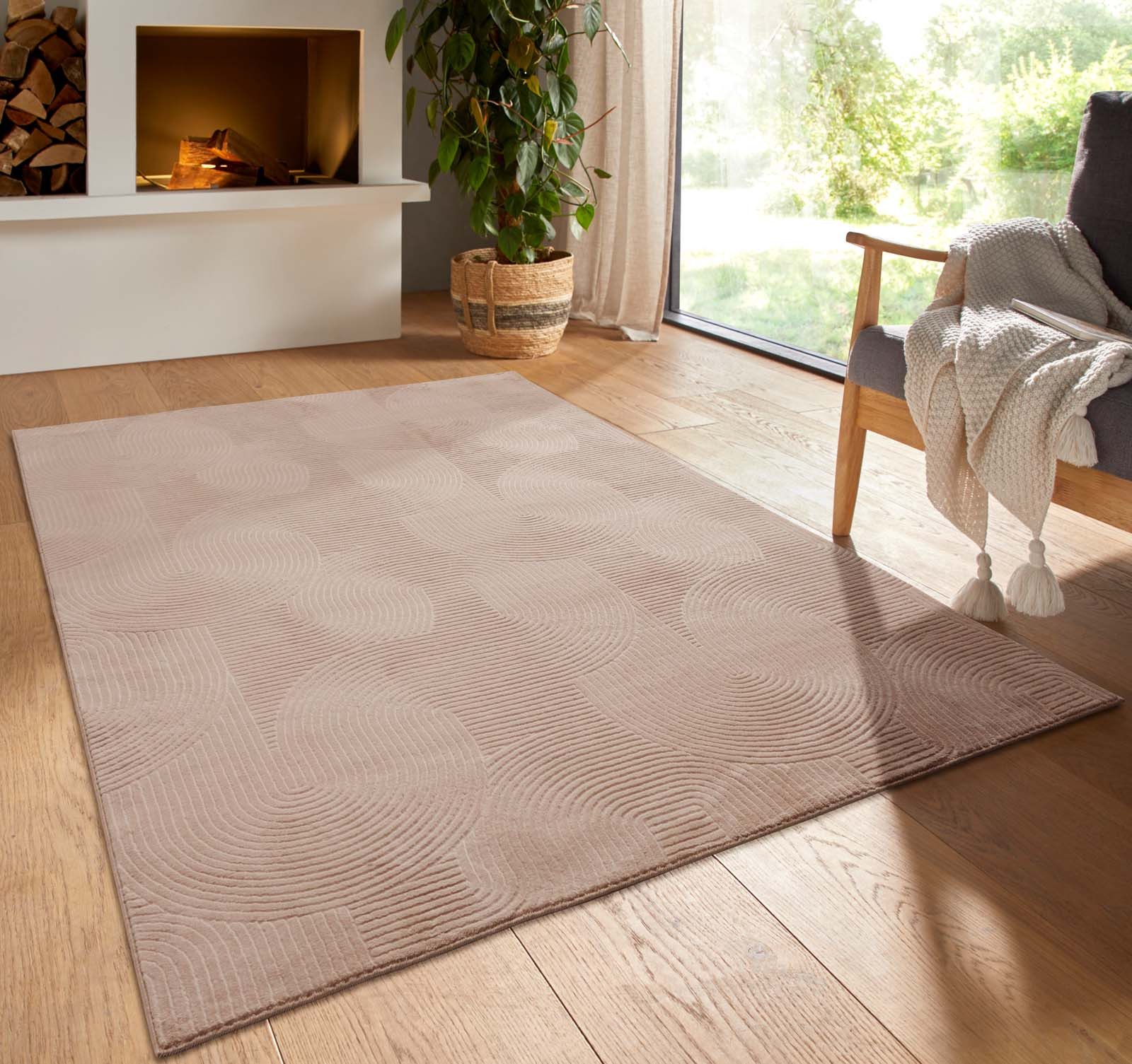 TaraCarpet Teppich TaraCarpet Homestyle 390 Wellen, rund, Höhe: 10 mm, Felloptik hoch-tief weich waschbar Welle Beige 80x80 rund