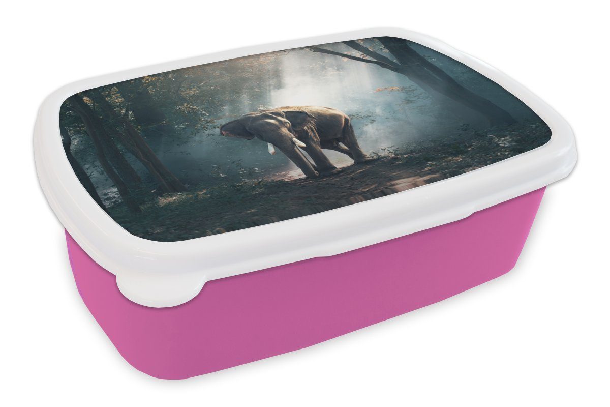 MuchoWow Lunchbox Elefant - Wald - Sonne, Kunststoff, (2-tlg), Brotbox für Erwachsene, Brotdose Kinder, Snackbox, Mädchen, Kunststoff rosa