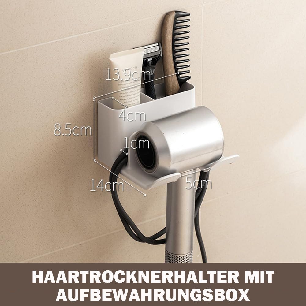 AFKSMILE Haartrocknerhalter Föhnhalter Ohne Bohren, Föhn Halterung mit Kabelhalter & Aufbewahrung, (Haartrockner Halterung zum Kleben Wandmontage für Bad Barbershop Hotel)