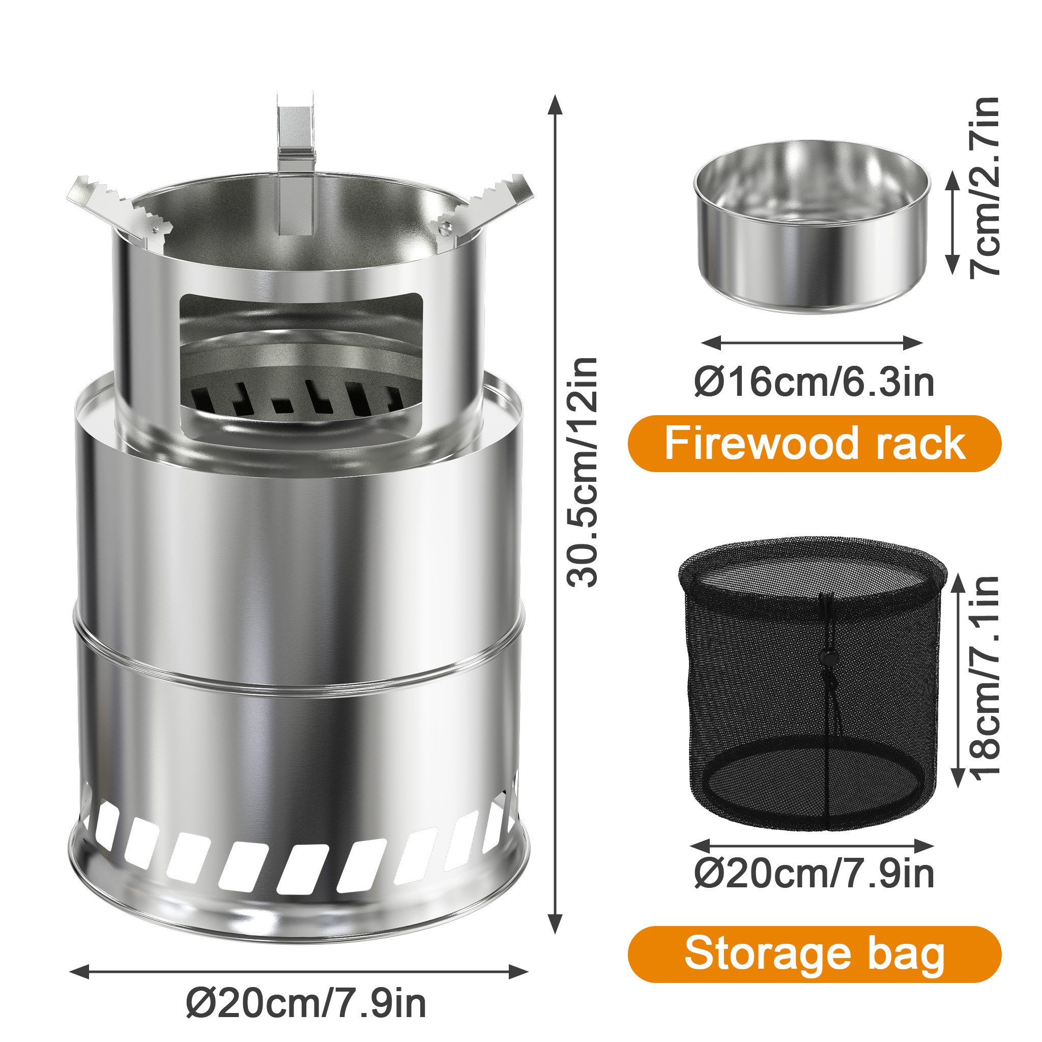 FIVMEN Feuerschale Campingkocher Feuerschale Outdoor Holzvergaser Kocher Edelstahl, Tischkamin mit Aufbewahrungstasche Camping Holzofen, Silber