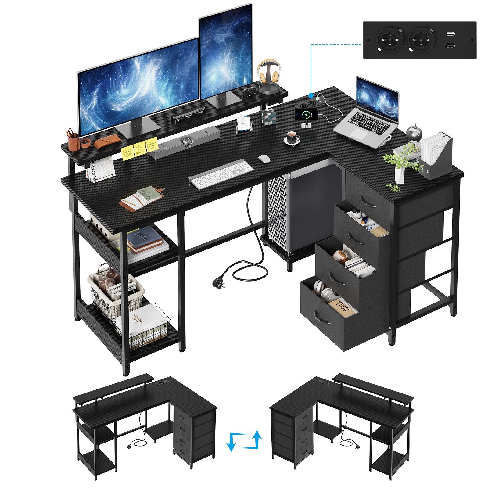 HOMALL Schreibtisch Eck-Schreibtisch, Gaming-Tisch mit Stauraum und Steckdosen (Ausgestattet mit 2 Steckdosen, 2 USB-Anschlüssen, 4 Schubladen, einer höhenverstellbaren Monitorhalterung, einer LED-Lichtleiste, 2 Einlegeböden sowie einer Halterung für den PC-Tower)