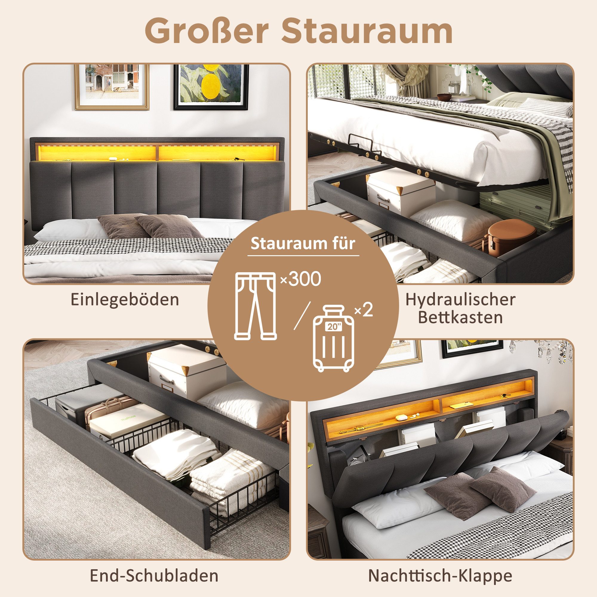 Flieks Polsterbett, LED Hydraulisches Doppelbett mit Schubladen 140x200cm Leinen