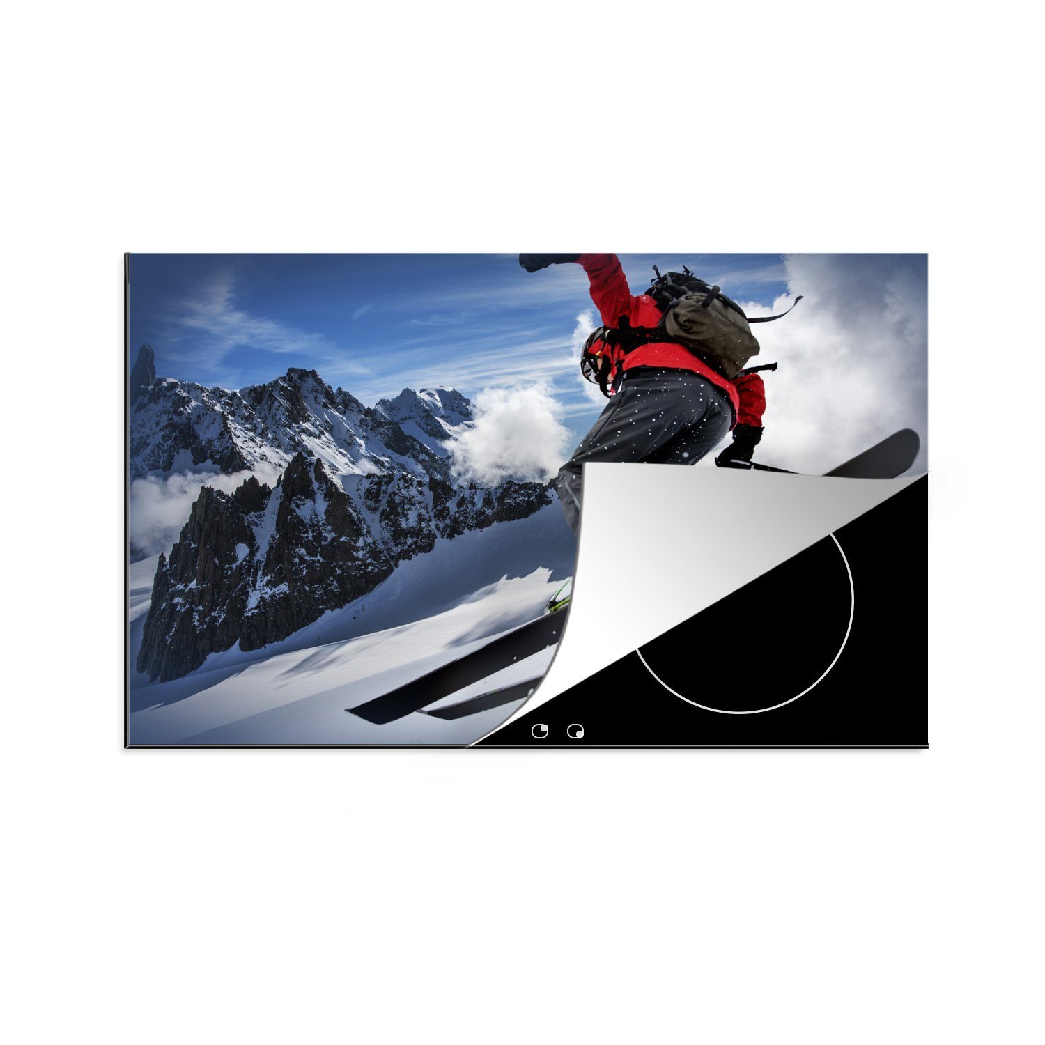 MuchoWow Herdblende-/Abdeckplatte Ein Skifahrer macht eine Kurve auf dem Mont Blanc, Vinyl, (1 tlg), 81x52 cm, Induktionskochfeld Schutz für die küche, Ceranfeldabdeckung