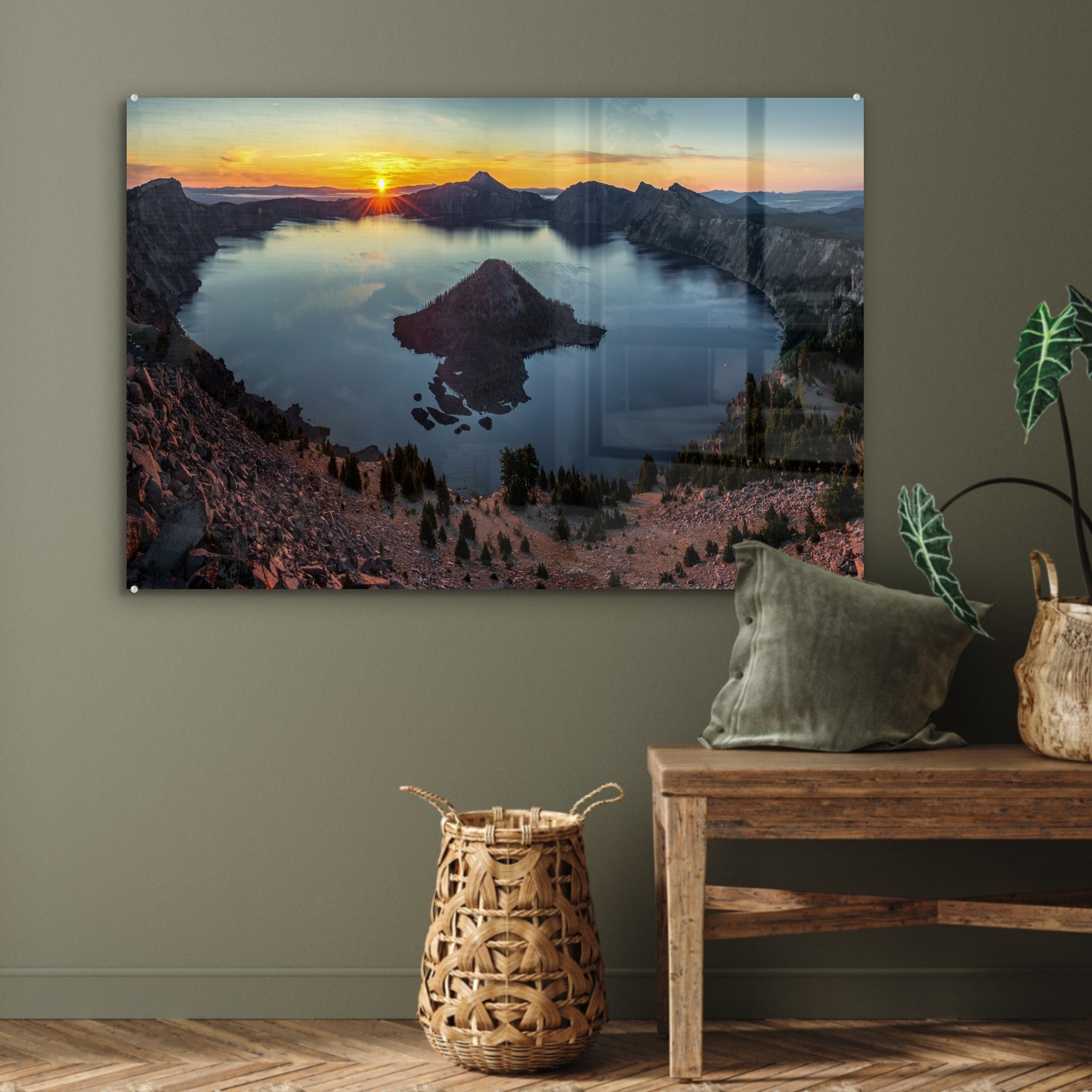 im Crater Park MuchoWow Schlafzimmer den National Lake USA, & Acrylglasbilder Sonnenuntergang in St), (1 Wohnzimmer Acrylglasbild