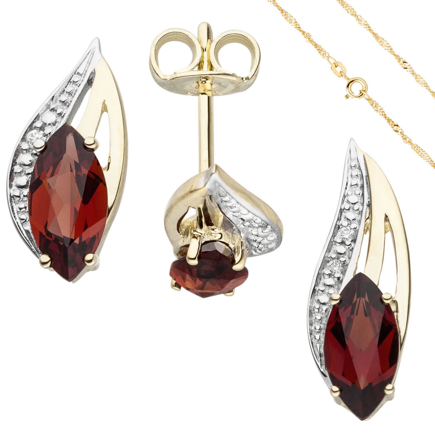 Schmuck Krone Schmuckset Schmuck-Set 585 Gelbgold Granate und Diamanten Kette 45cm, Gold 585