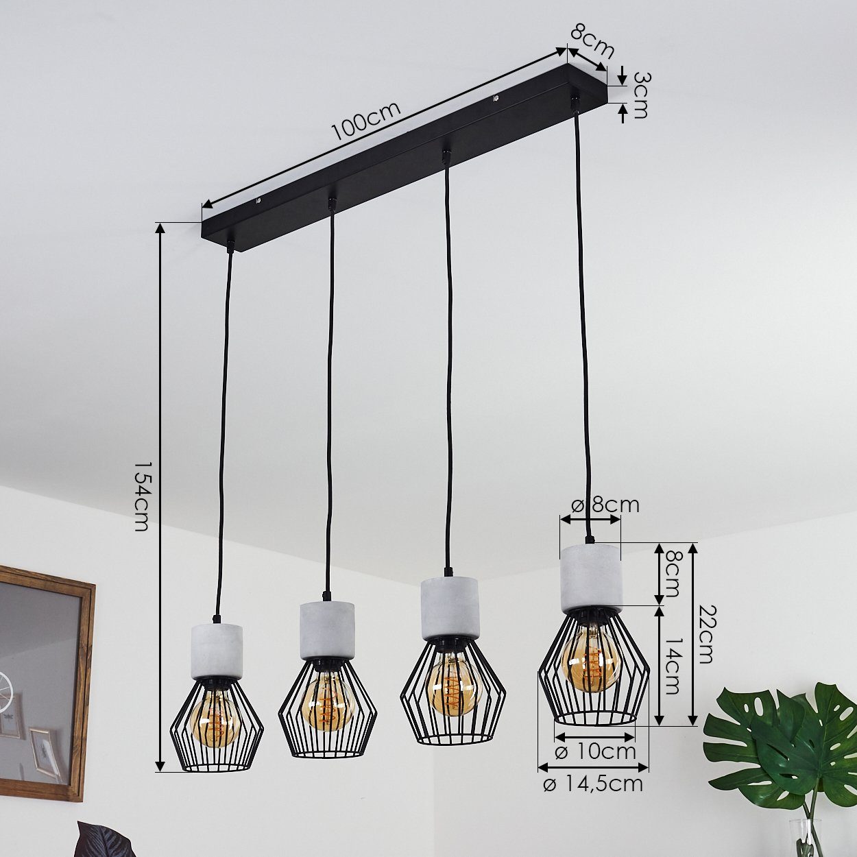 hofstein Hängeleuchte »Ramacca« moderne Hängelampe aus Metall und Beton in Schwarz/Grau, ohne Leuchtmittel, Pendelleuchte mit Gitterschirmen, Höhe 154cm, 4xE27