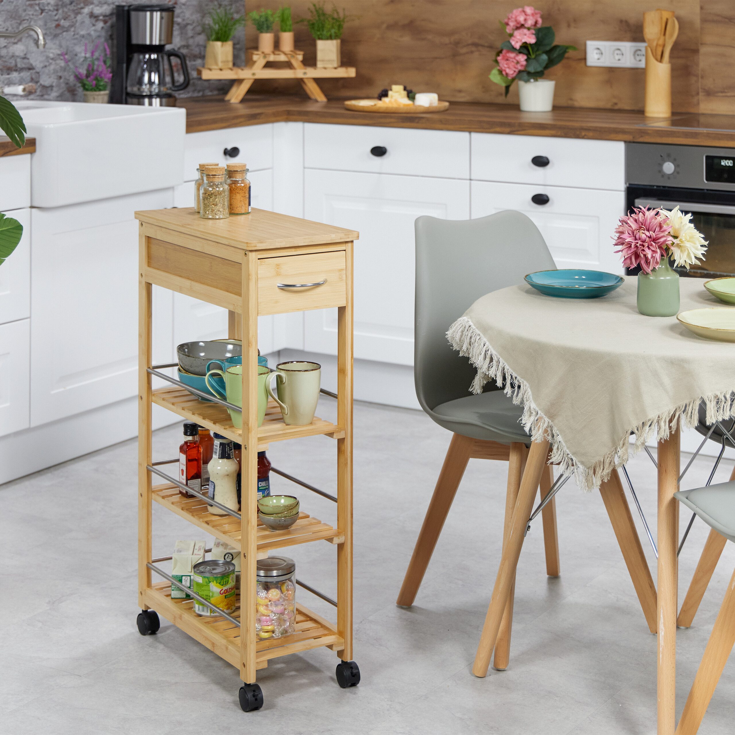 relaxdays Küchenwagen Bambus Küchenwagen mit Schublade günstig online kaufen