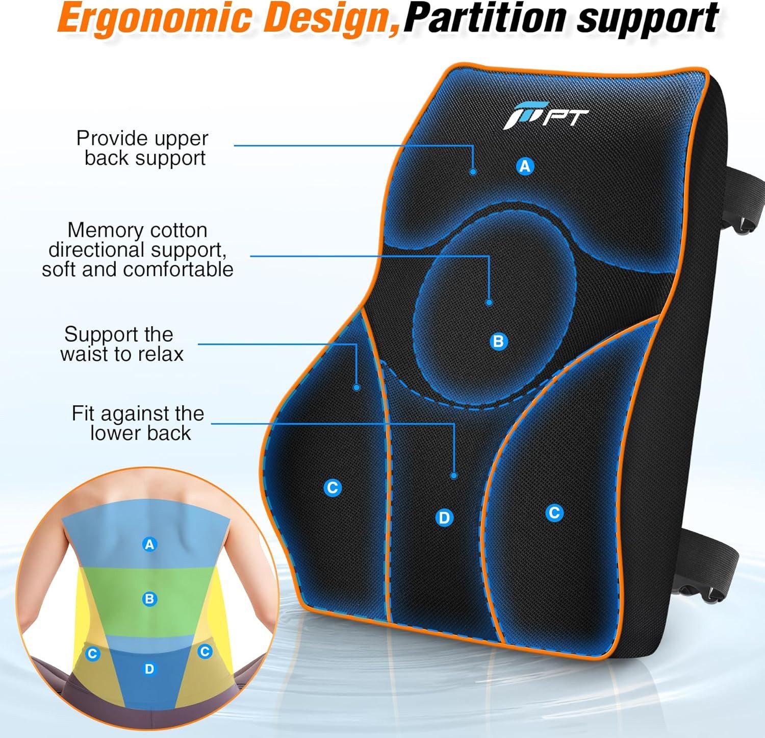 POPOLIC Rückenkissen Lendenkissen mit Memory-Schaum - Ergonomische Lordosenstütze, für Auto, Büro und Gaming, Verstellbares Rückenkissen, für Bürostuhl, Autositz und Schreibtischstuhl, Schwarz