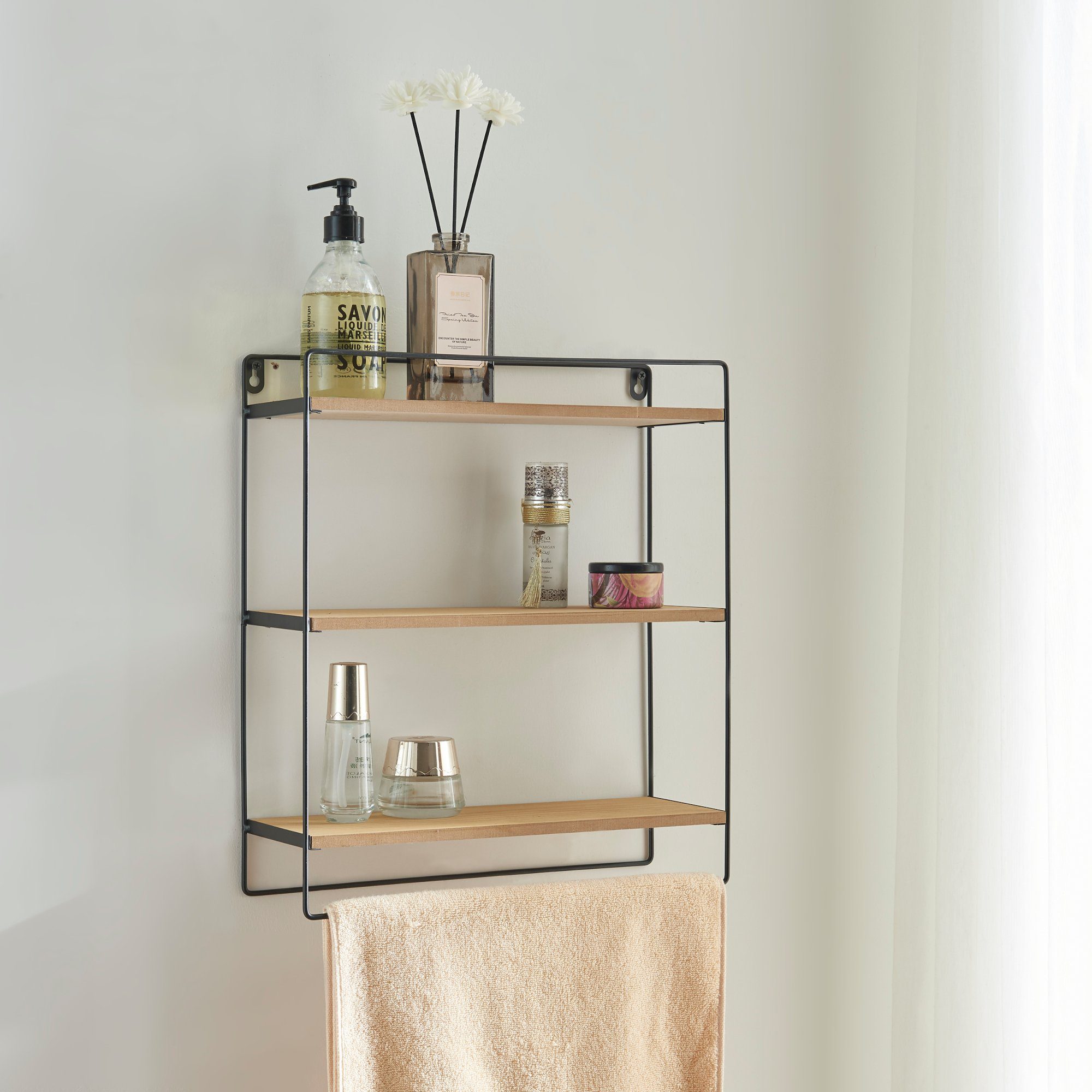en.casa Wandregal, Skovbo Badezimmerregal mit 3 Ablageflächen Metall/Holzfa günstig online kaufen