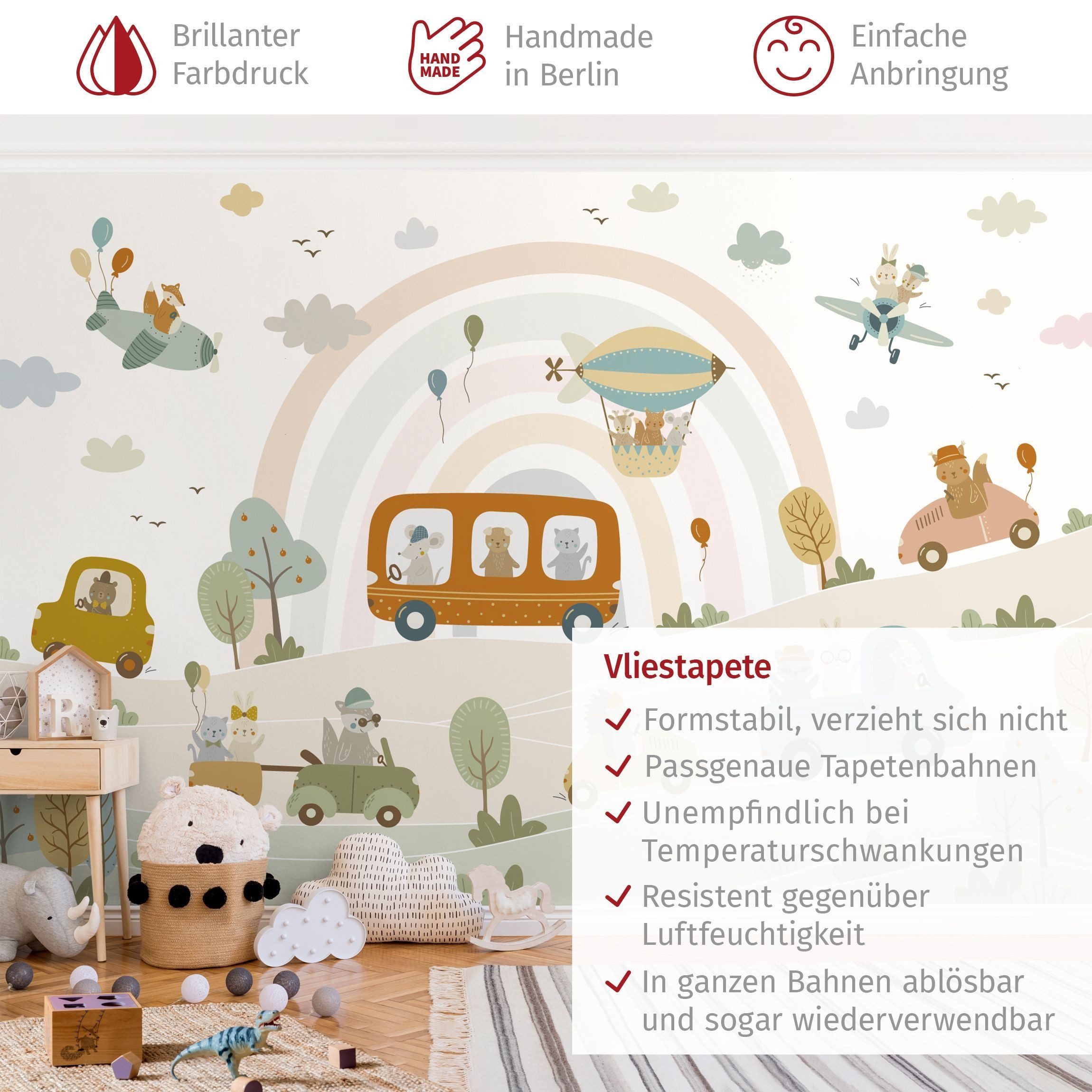 Bilderdepot24 Kindertapete Tiere Verkehr Kinderzimmer Ballon, Glatt, Matt, (Vliestapete inkl. Kleister oder selbstklebend), Mädchenzimmer Jungenzimmer Babyzimmer Bildtapete Fototapete Wandtapete