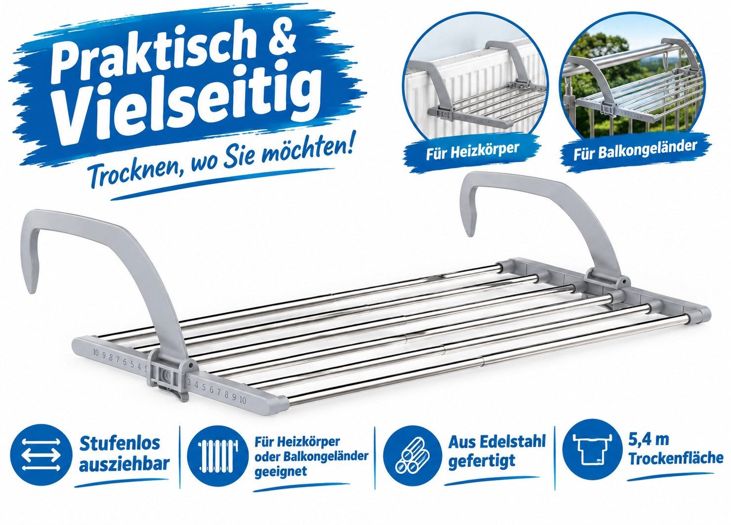 Gardissimo Heizkörper-Wäschetrockner Balmy Heizkörper / Balkon Wäschetrockner Heizung Edelstahl, stufenlos in der Breite ausziehbar / wetterfest – Bild 2 von 5