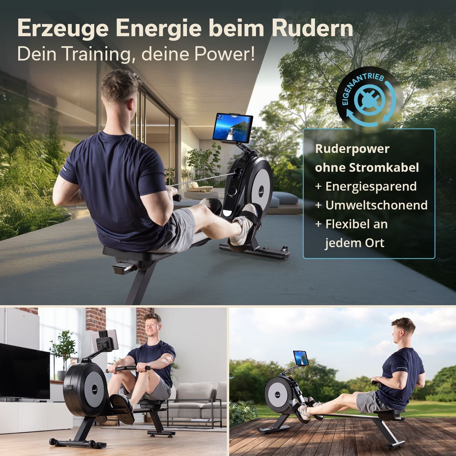 Skandika Rudergerät für zuhause Njord P6-G, 32 elektrische Widerstandsstufen, Magnetbremse (LED-Anzeige, Transportrollen, Tablet-Halter), Kinomap App, bis 200 cm und 135 kg, Selbstgenerierend, aufstellbar