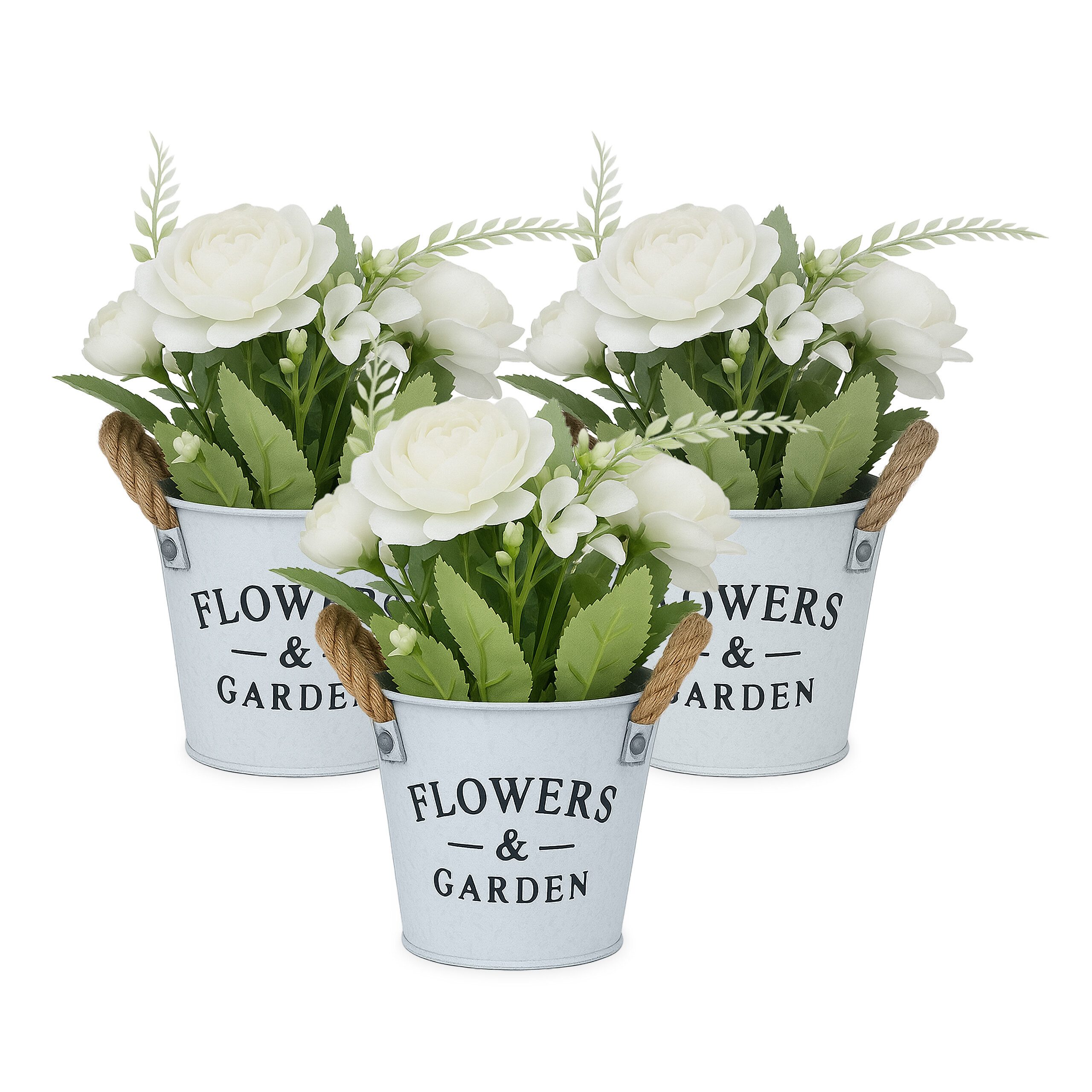 Kunstpflanze Weiße Kunstblumen im Topf 3er Set Margeriten, Rosen, Dahlien, Beiwerk, relaxdays, Höhe 21 cm