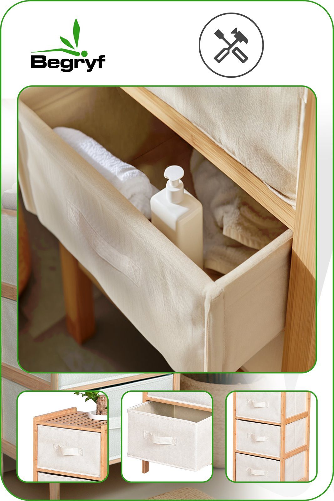 BEGRYF Badregal Bambusregal mit 3 Stoffschubladen Natur Beige 37 x 35 x 79 cm – Bild 2 von 5