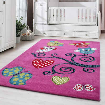 Kinderteppich Eulen-Design, Carpetsale24, Rund, Höhe: 11 mm, Kinderteppich Eule-Design Baby Teppich Kinderzimmer Pflegeleicht