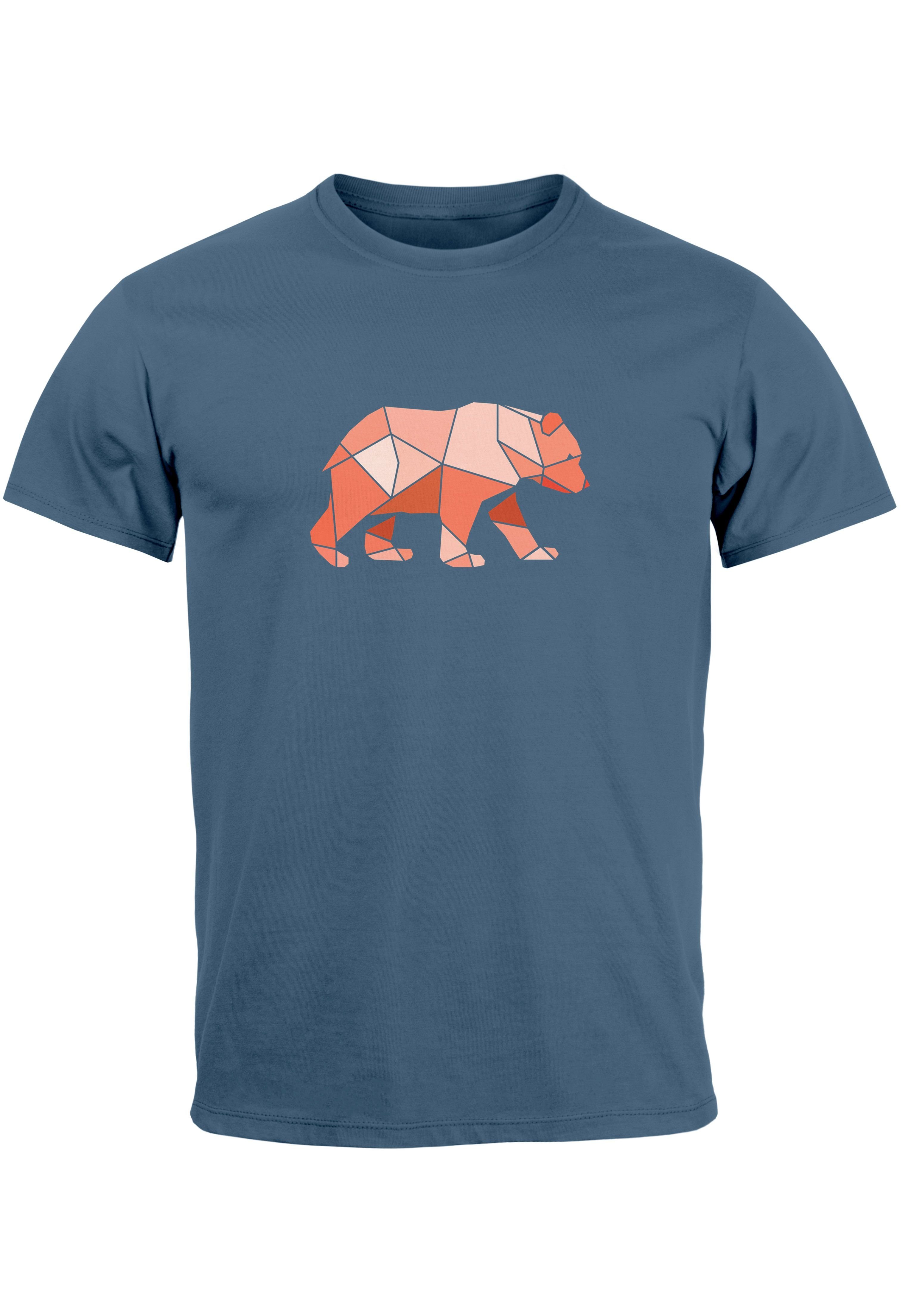Neverless Print-Shirt Herren T-Shirt Polygon Grafik Bär Outdoor Motive Printshirt Natur Fash mit Print denim blue