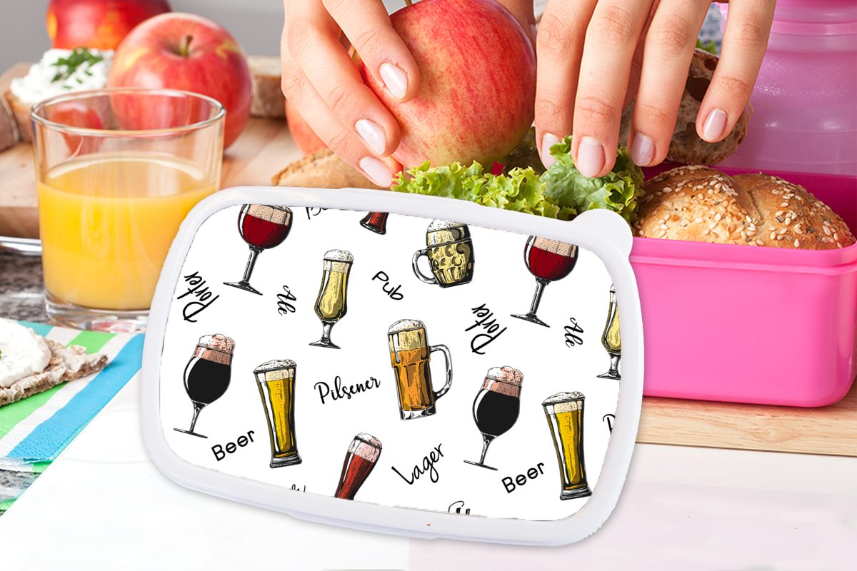 MuchoWow Lunchbox Bier - Gläser Snackbox, Brotdose (2-tlg), Brotbox Mädchen, Erwachsene, - Kunststoff Muster, rosa Kunststoff, für Kinder