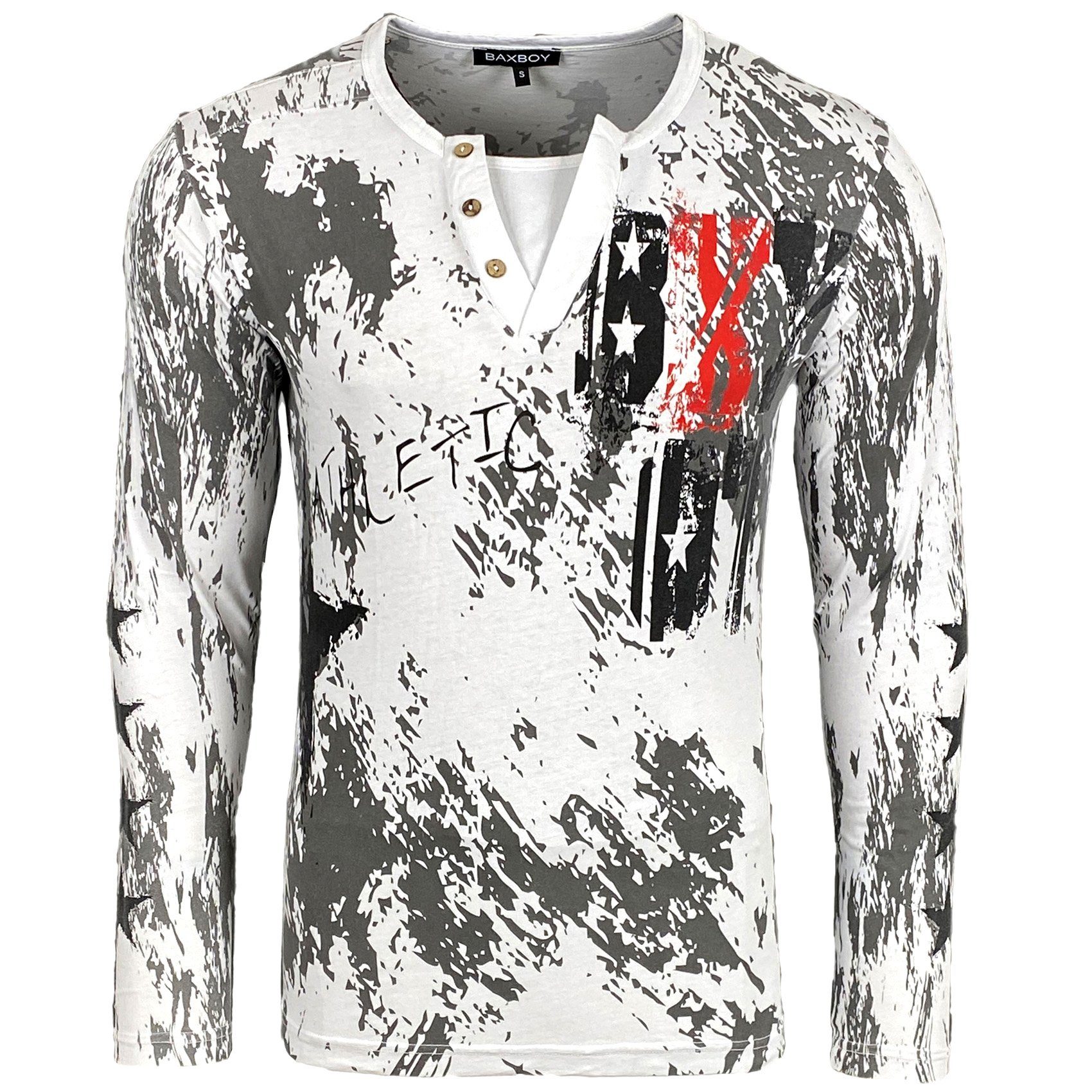 Baxboy Longshirt Langarmshirt mit trendigem All-Over Logo-Print mit Knopfle günstig online kaufen