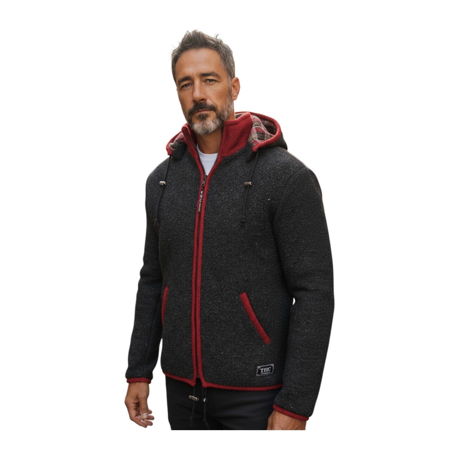 THC Natural Line Strickjacke THC Strickjacke 839 Baumwollfutter schwarz rot (1 Stück, 1-tlg., 1 Stück) Strickjacke mit abnehmbarer Kapuze