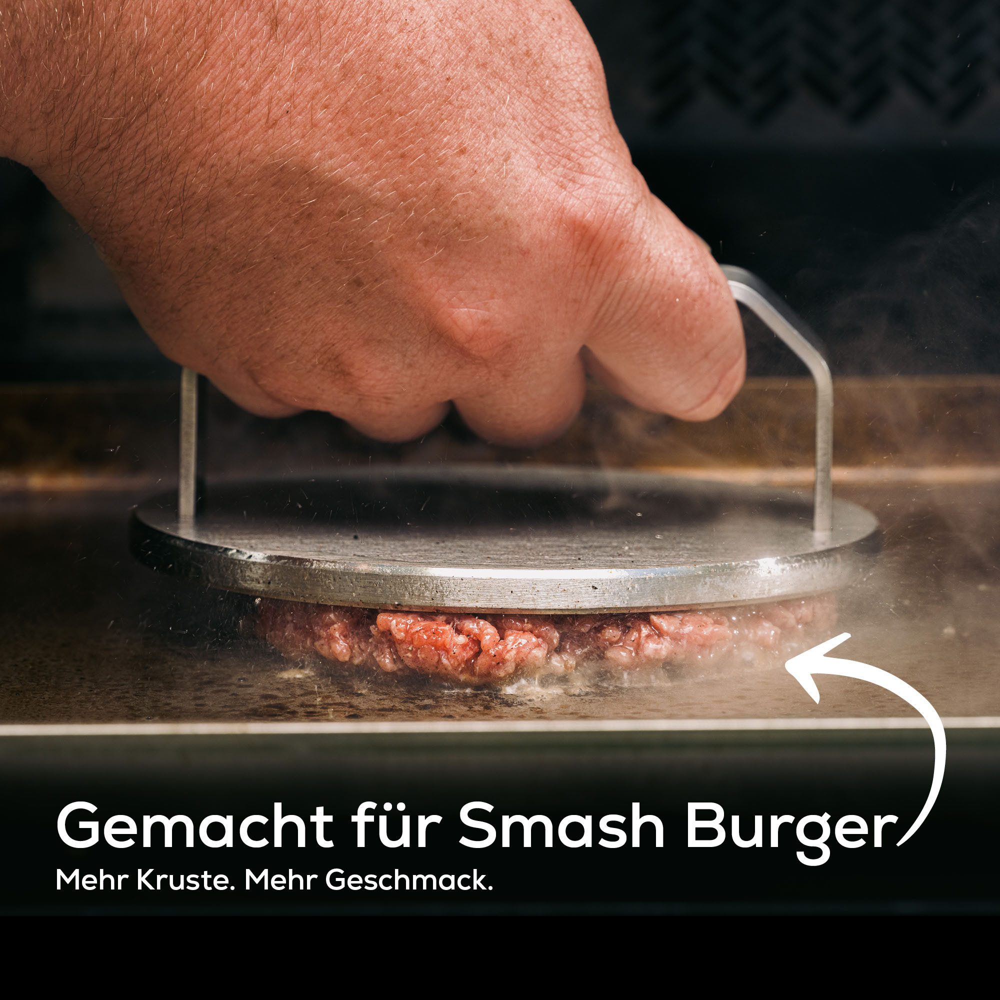 BEHE Interior Burgerpresse Burgerpresse Edelstahl massiv 1kg – Smash Burger Presse (1 St), extra schwer, optimale Krustenbildung, gleichmäßiger Druck