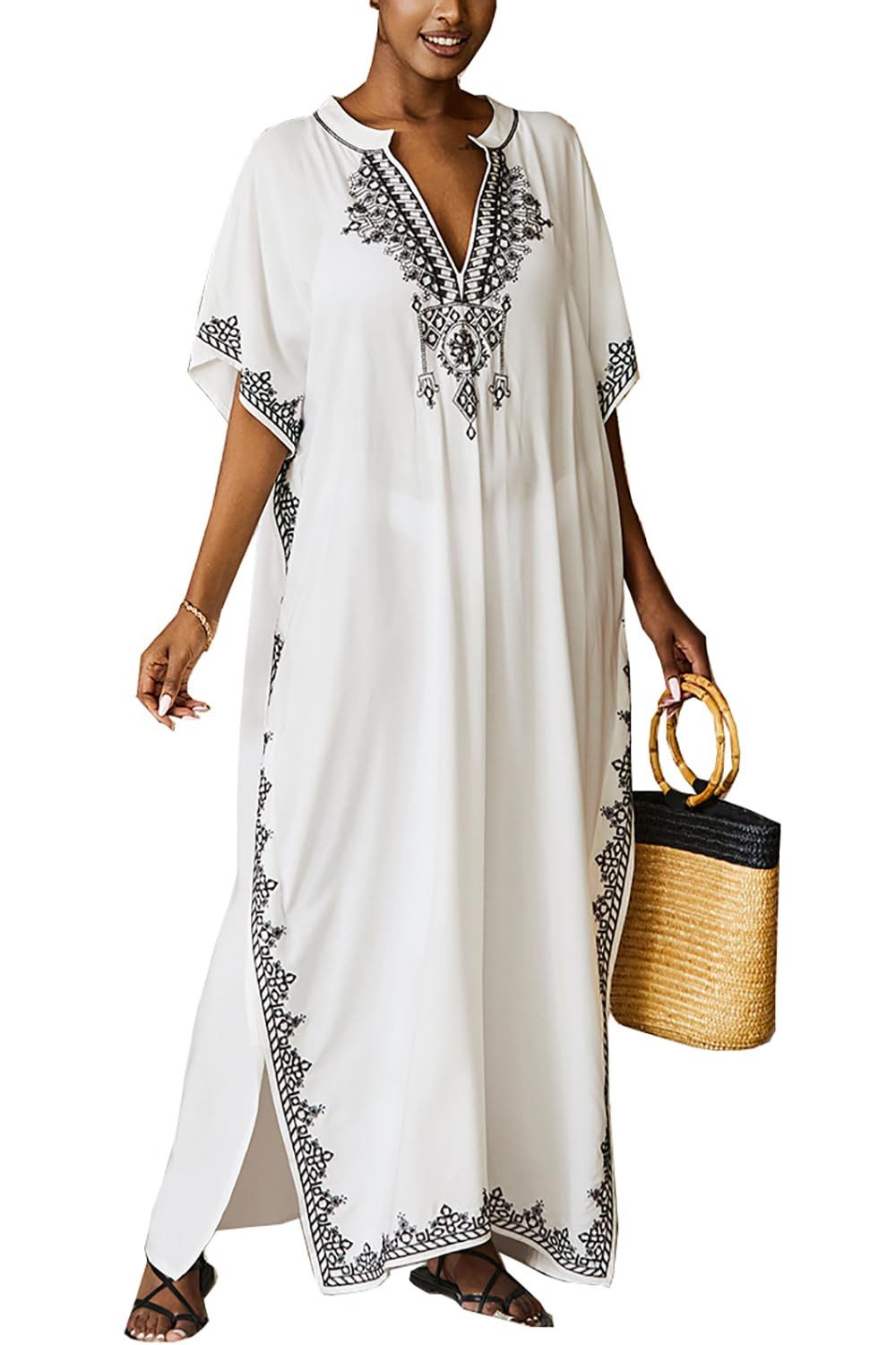 MOPUEA Strandkleid Damen Langes Shirt Kleid, Bestickte Kurze Ärmel (1-tlg)