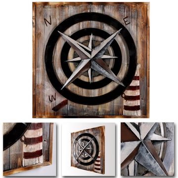 Home4Living Metallbild Wandbild Relief Unikat 80x80x6cm handgefertigt, Kompass, 3d-Effekt