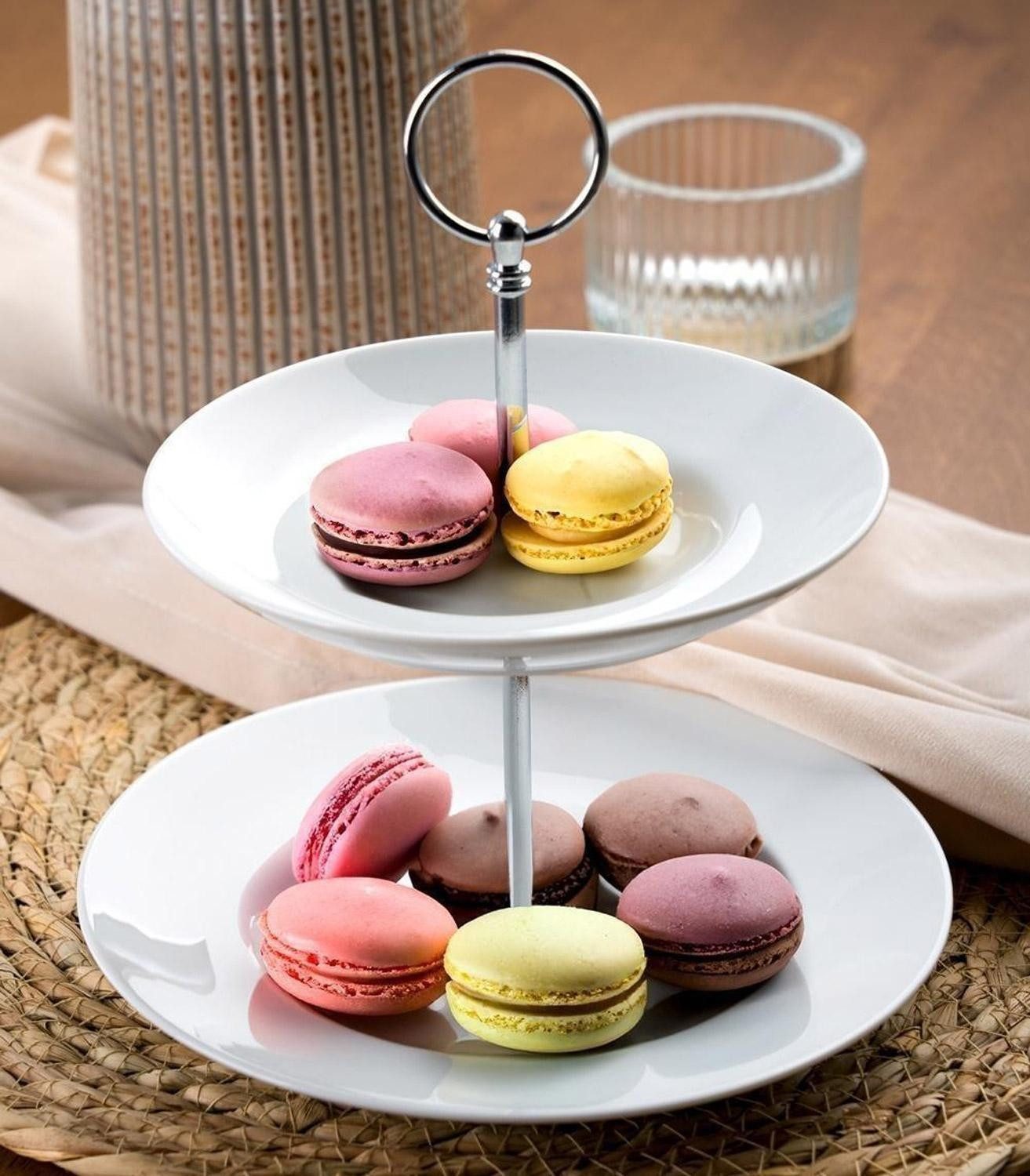 Home4You Etagere, Ø 21 x H 23 cm, Weiß, 2-stöckig, Metallgriff, Porzellan, für Desserts, Obst, Kuchen, Süßigkeiten