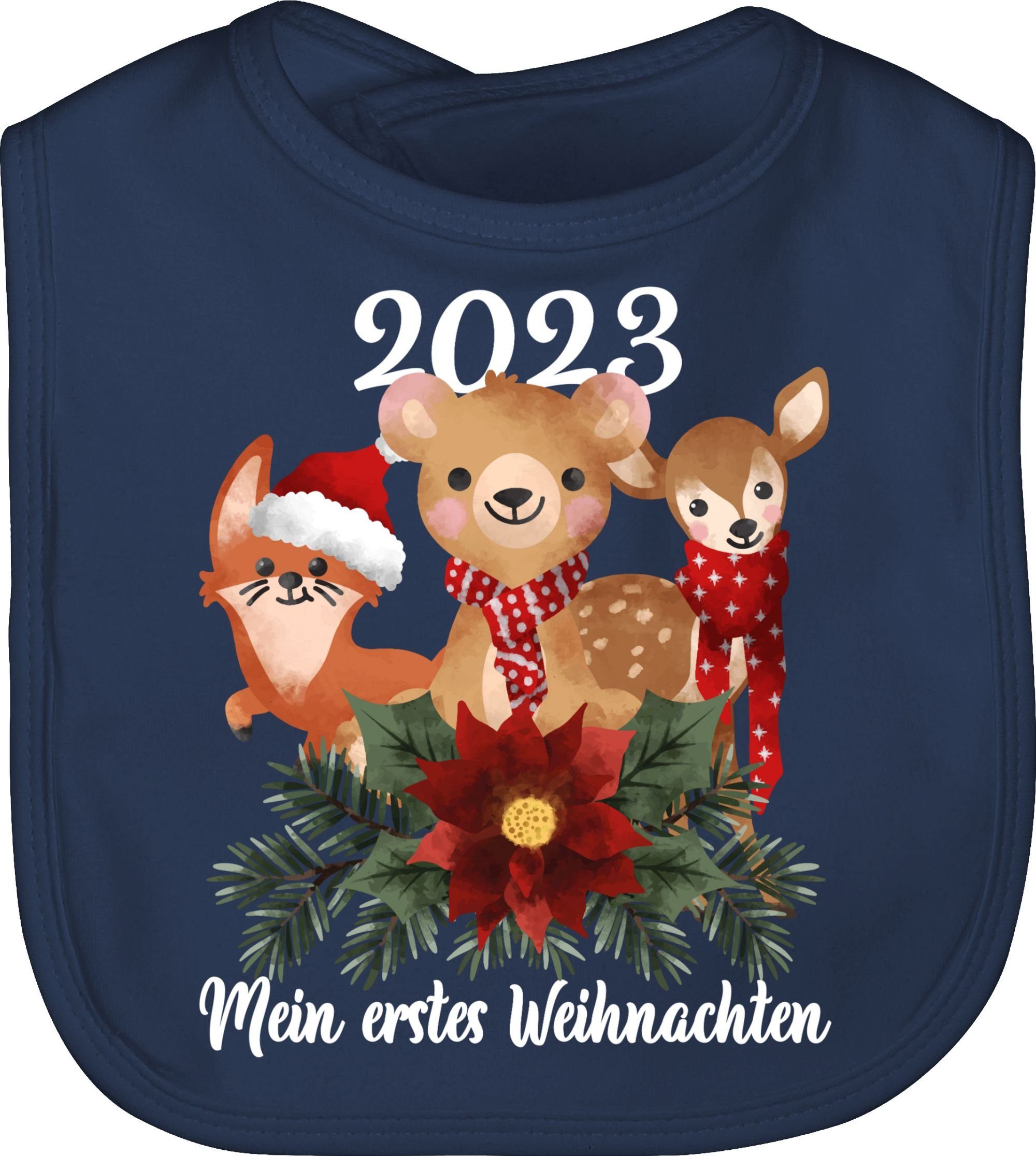 Shirtracer Lätzchen 2023 Mein erstes Weihnachten mit süßen Tieren - weiß, Weihnachten Kleidung Baby 1 Navy Blau