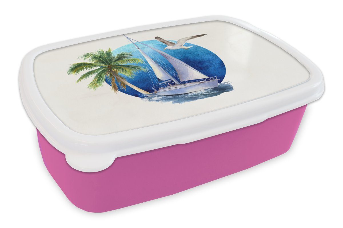 MuchoWow Lunchbox Segelboot - Palme - Vogel - Meer, Kunststoff, (2-tlg), Brotbox für Erwachsene, Brotdose Kinder, Snackbox, Mädchen, Kunststoff rosa