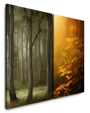 Sinus Art Leinwandbild 2 Bilder je 60x90cm Wald Bäume Stille Ruhe Erholung warmes Licht Entspannend