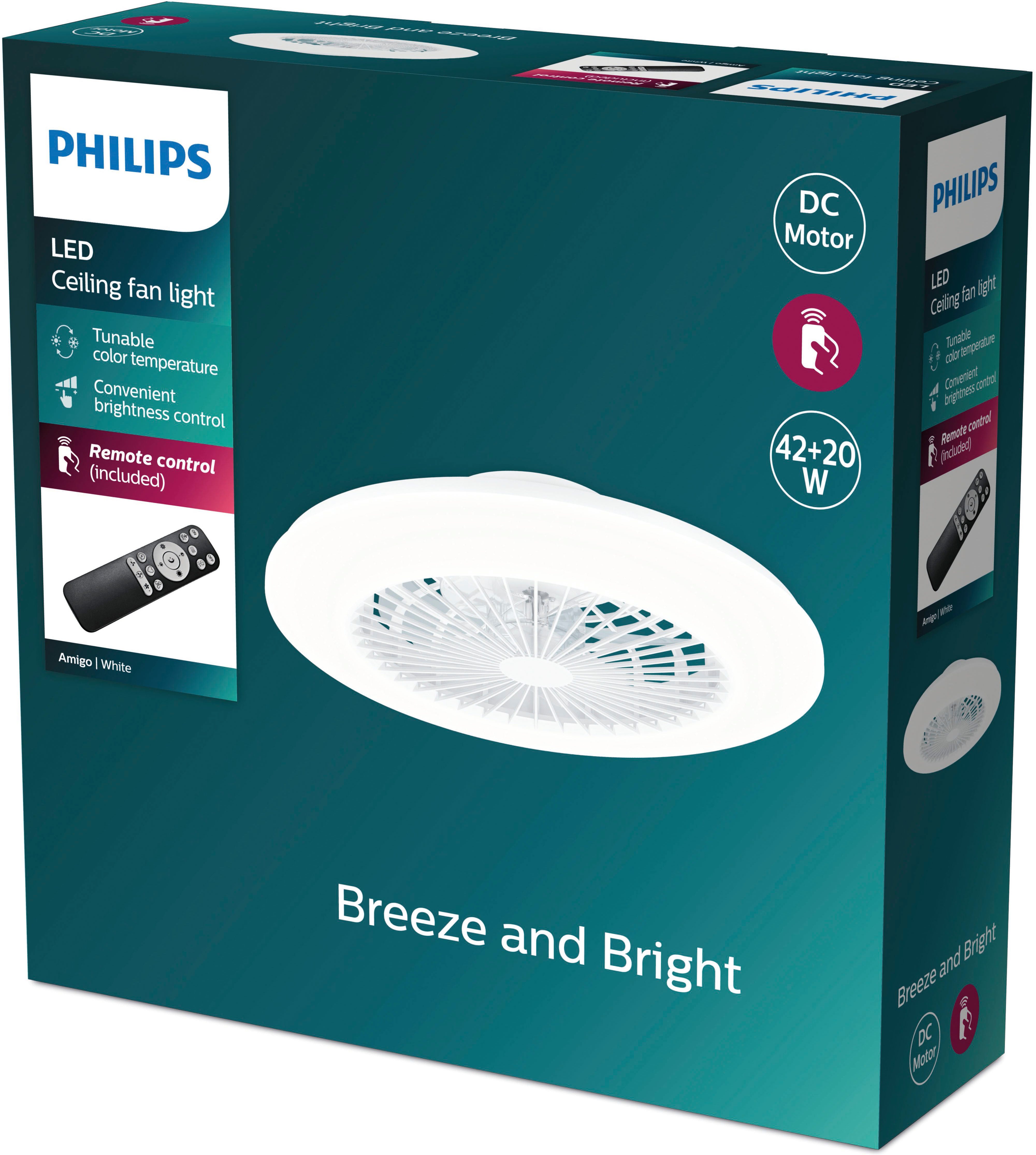Philips LED Deckenleuchte Deckenventilator Amigo 20W+42W, 49cm sparkle, Abschaltautomatik, CCT - über Fernbedienung, Dimmer, Dimmfunktion, Farbsteuerung, Farbwechsel, Fernbedienung, Infrarot inkl., Ventilatorfunktion, dimmbar über Fernbedienung, mehrere Helligkeitsstufen, LED fest integriert, warmweiß - kaltweiß, inkl. Fernbedienung