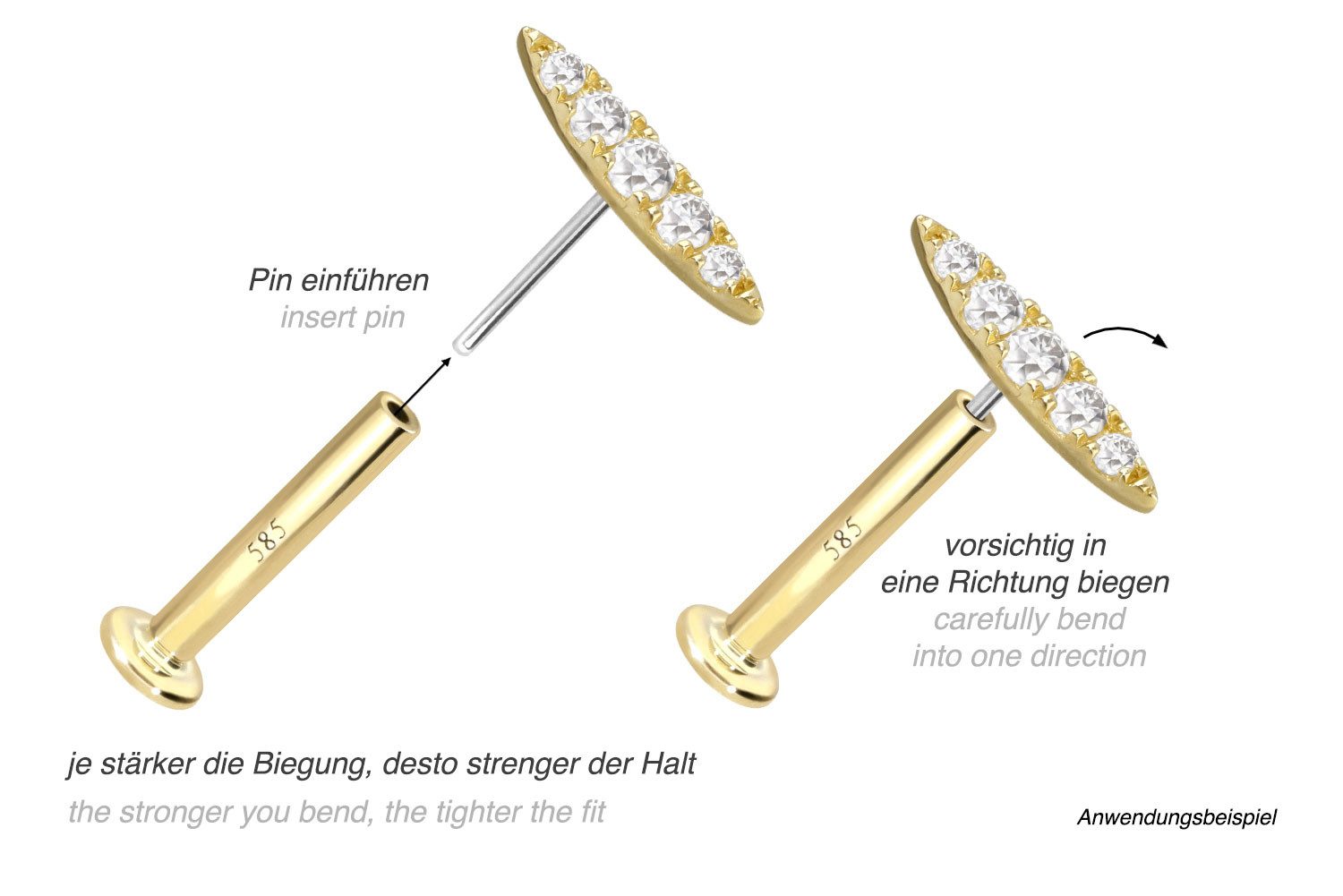 PIERCINGLINE Piercing-Set 14 Karat Gold Labret mit Push Fit MOISSANIT-OVAL (Labrets, 1-tlg)