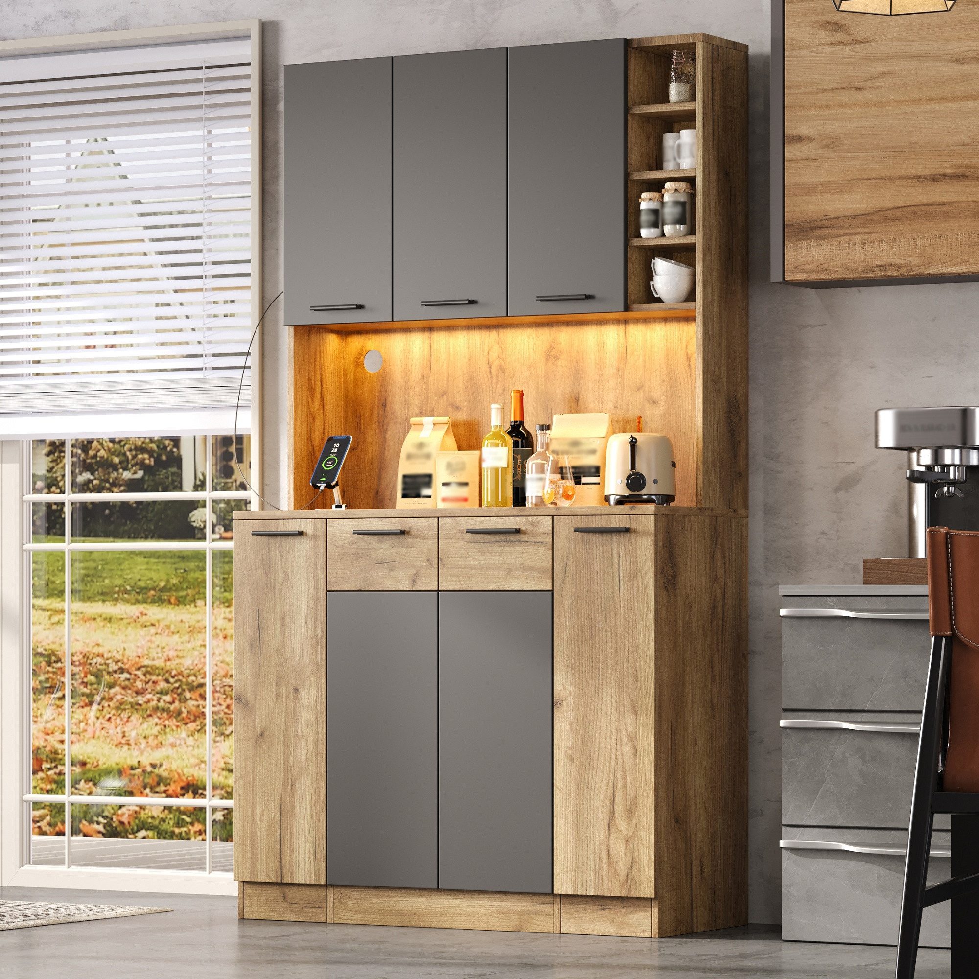 Flieks Küchenbuffet Hochschrank mit LED-Beleuchtung, Steckdose, 4-stöckiges Ausziehablagen (B100/T40/H180 cm, 1-St) Mehrzweckschrank Küchenschrank mit verstellb – Bild 5 von 5