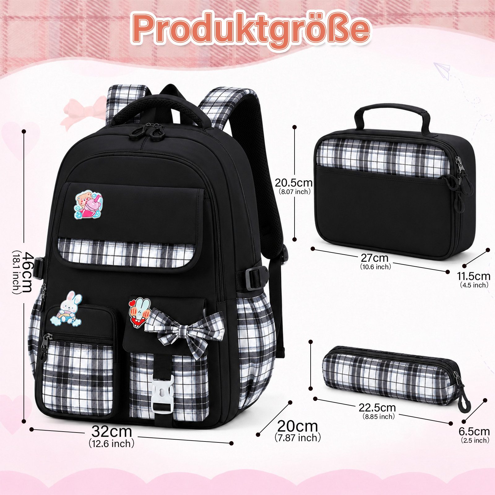 MOPUEA Schulrucksack Schulrucksack Set 3-tlg Wasserabweisend Ergonomisch mit Viele Fächer (Schulrucksack Set mit Lunchtasche und Federmäppchen, Rucksack Lunchta – Bild 4 von 5