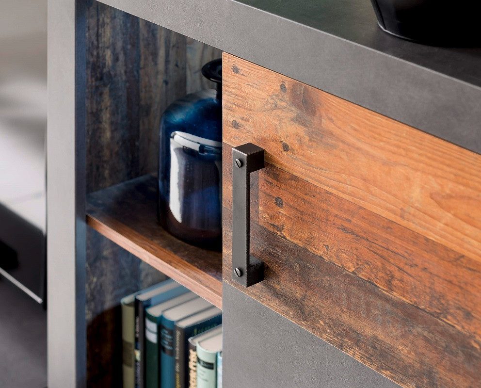 trendteam Vitrine Highboard Kommode Indy, Old Used Wood / Matera grau, Shabby Look