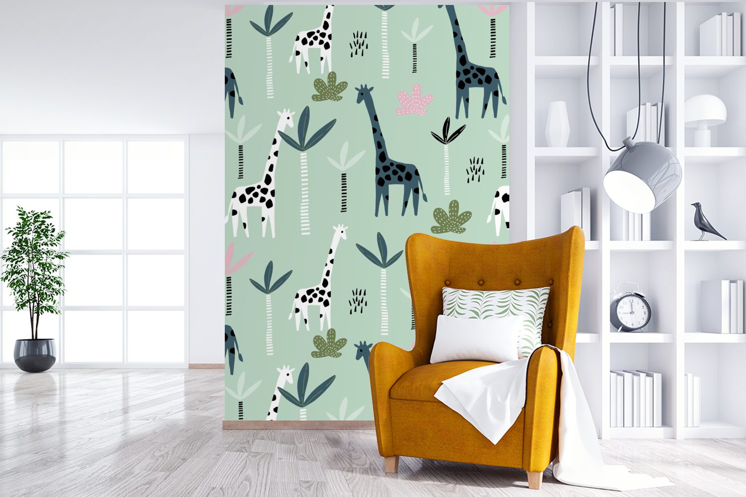 Baum für Wohnzimmer, MuchoWow Wandtapete St), Montagefertig Grün, Tapete Matt, - Vinyl Fototapete Giraffe (3 bedruckt, -