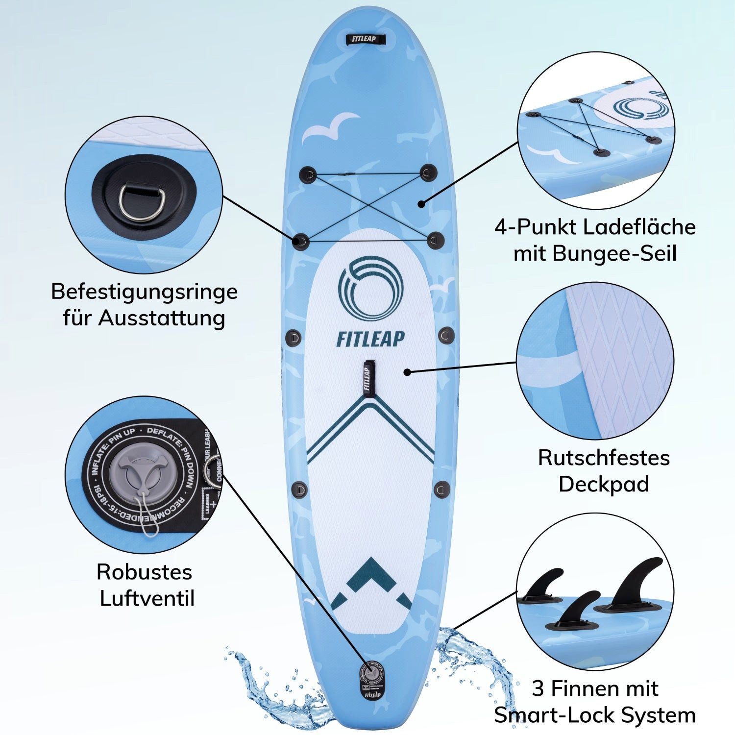 Fitleap Inflatable SUP-Board SUP Board Set mit Hochdruckpumpe, verstellbarem Paddel und Rucksack -…, Robustes Material, Komplettes SUP-Set, stabil, Leicht transportierbar