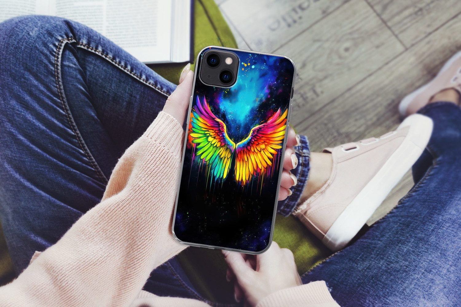 MuchoWow Handyhülle für Apple iPhone 13 mini Regenbogenfarben - Flügel - Magisch, Smartphone-Bumper, Print, Handy Schutzhülle Dünn