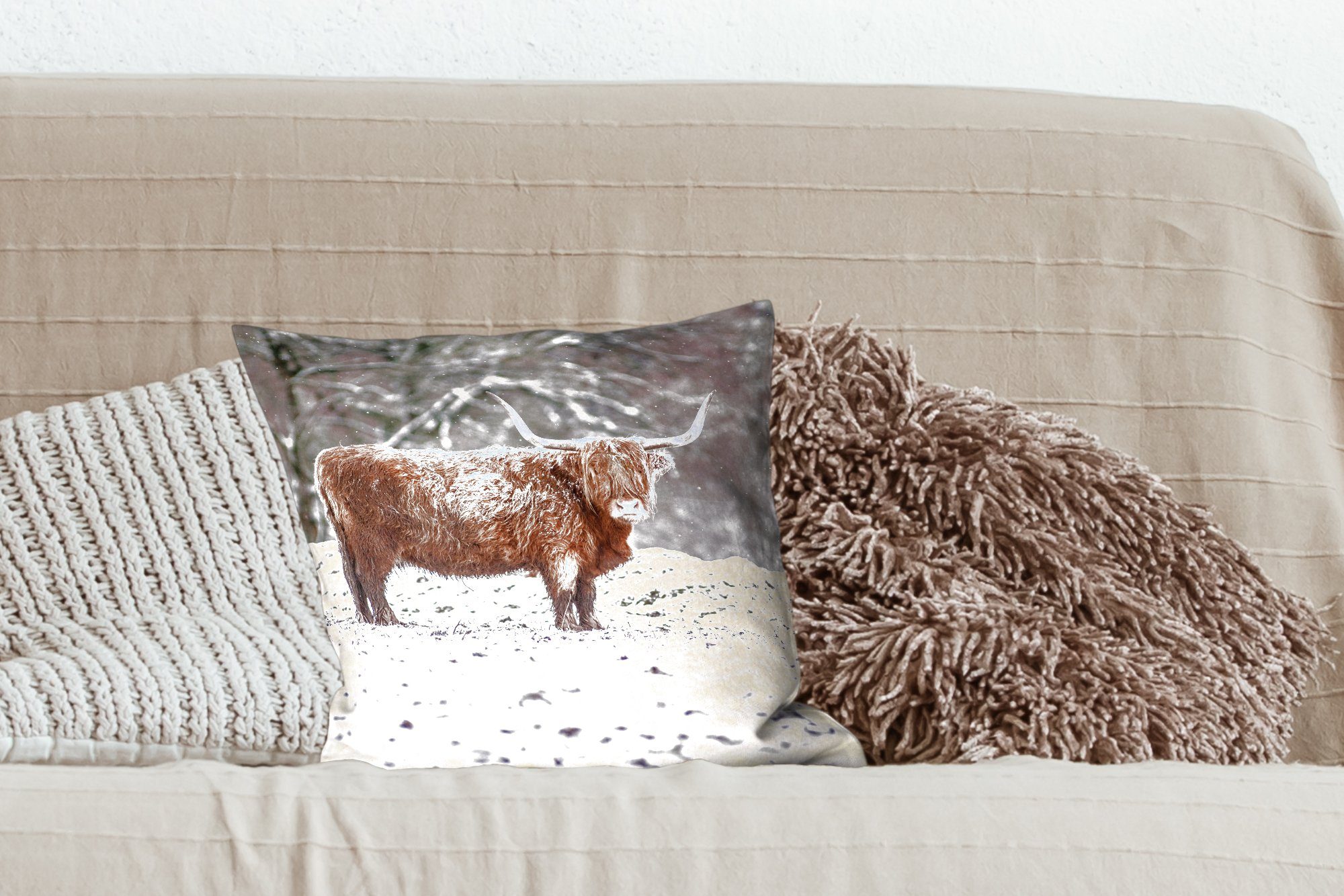 Schlafzimmer, Schnee, Baum - Schottischer Zierkissen Sofakissen Highlander MuchoWow - Dekokissen Deko, Wohzimmer, Füllung mit für